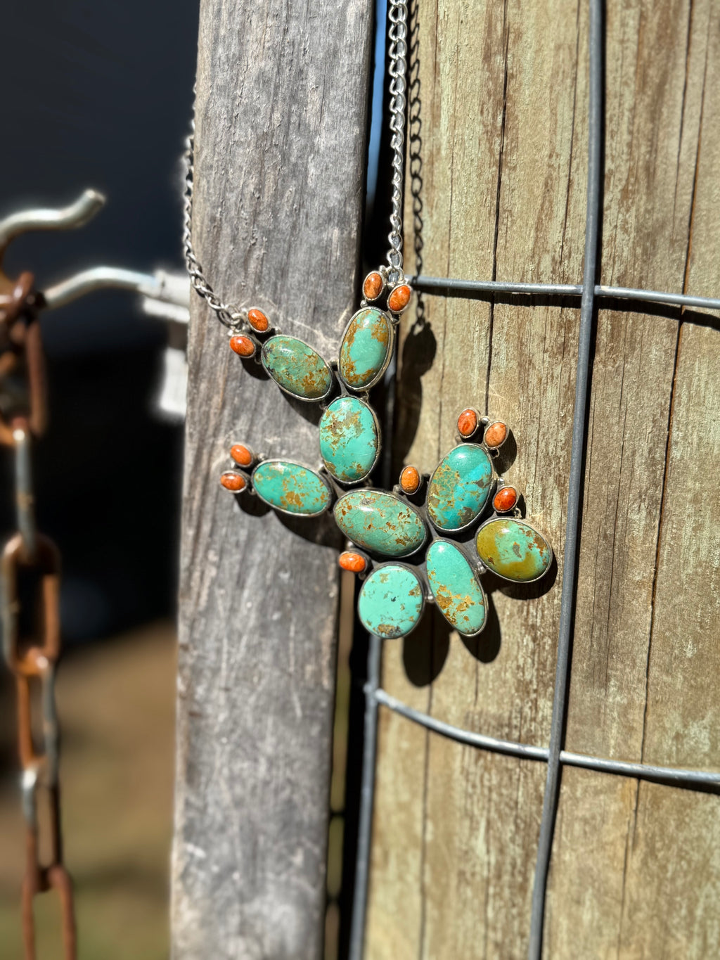 Turquoise and coral cactus necklace