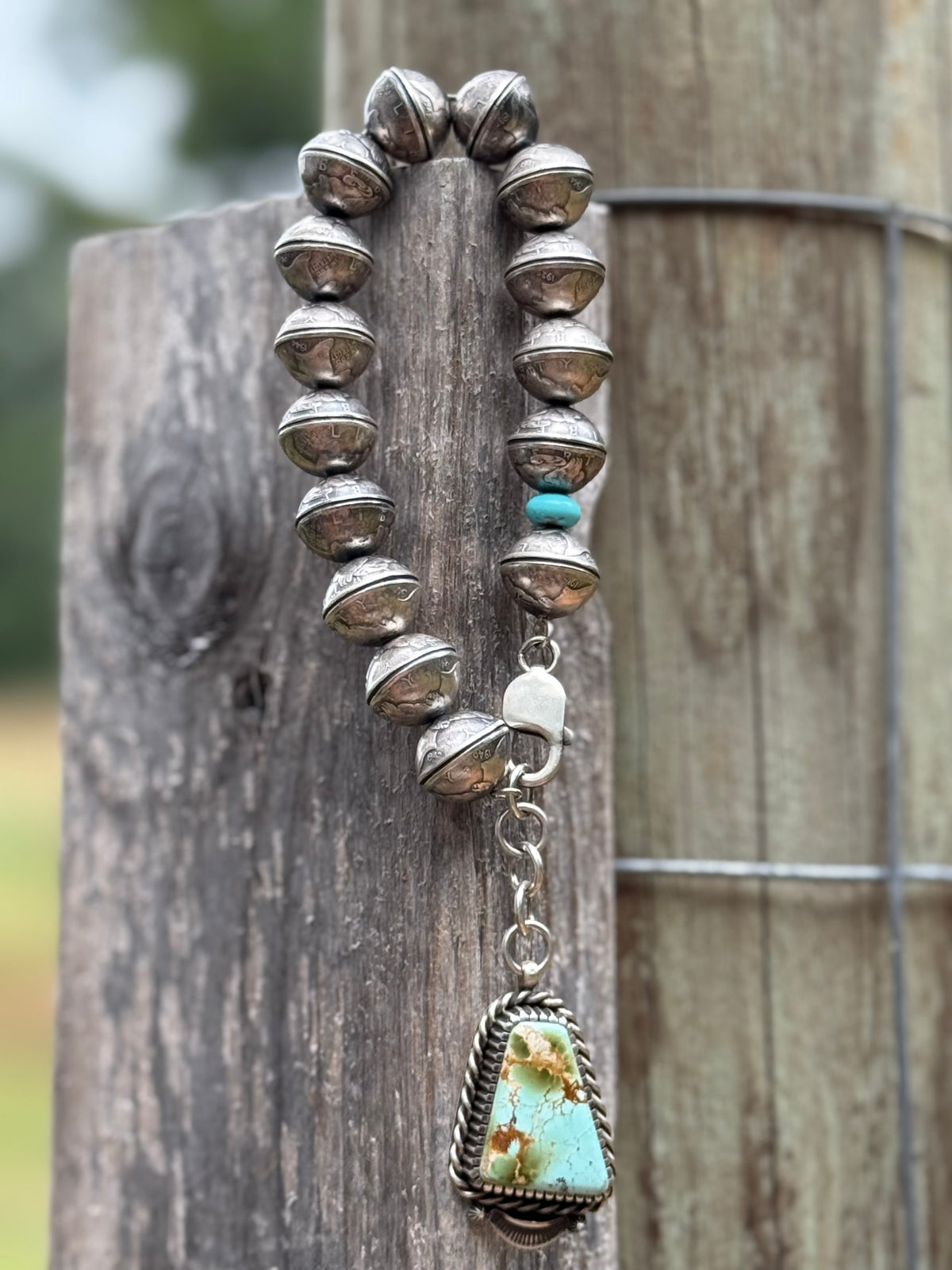 James McCabe Mercury dime bracelet with turquoise charm