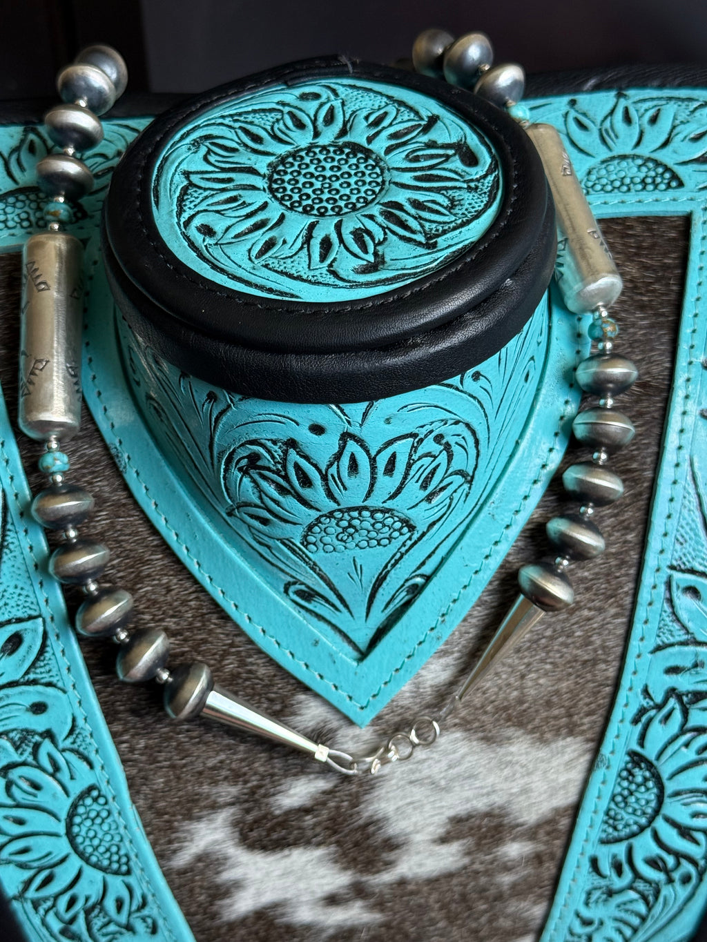 Navajo Pearl jacla with turquoise by Native American artist Sharon Cooley