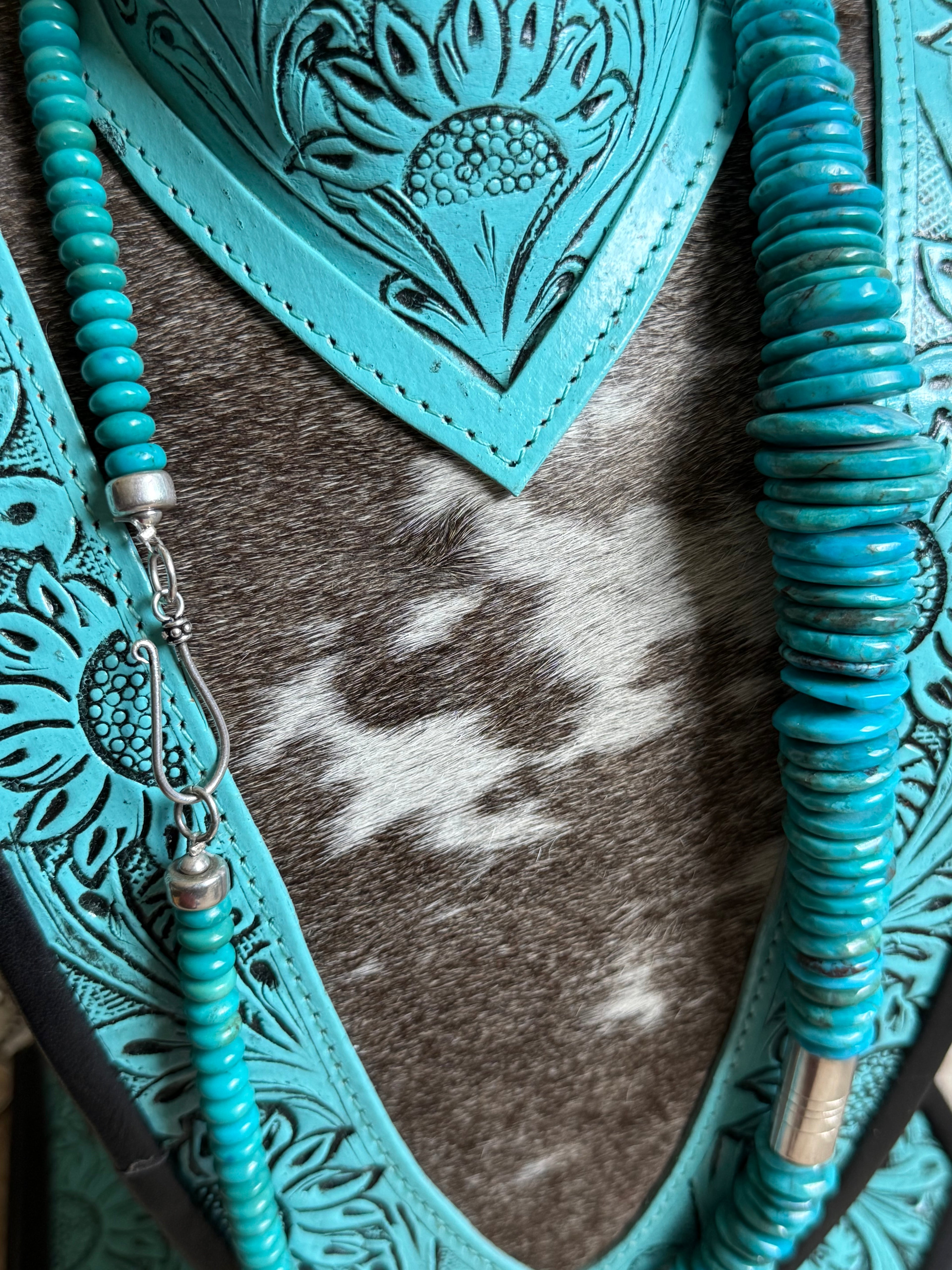 Native 28” flat turquoise graduated disc necklace