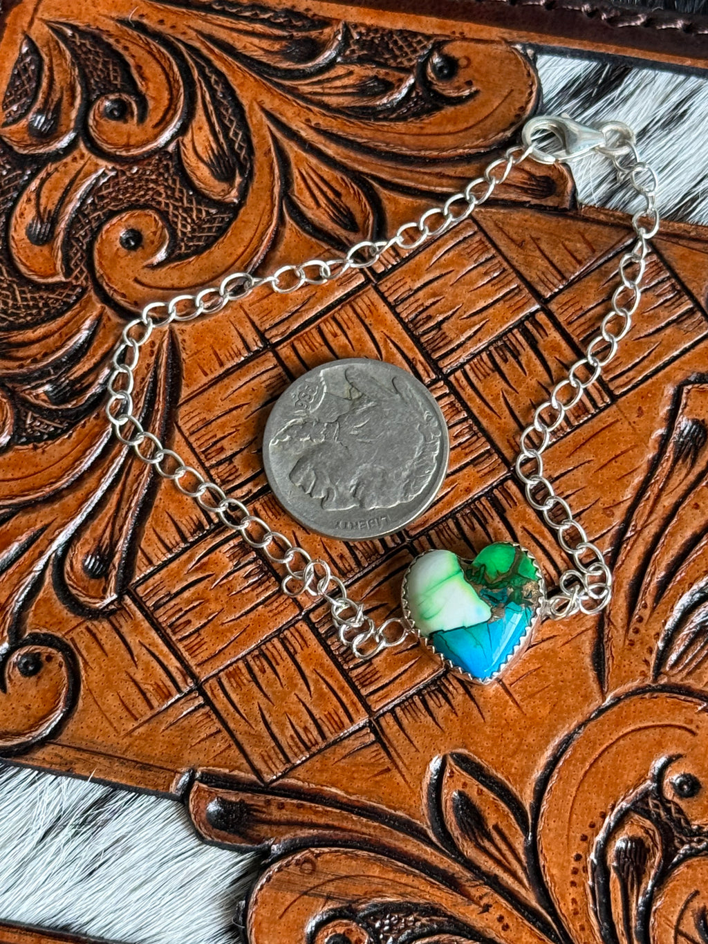 Peacock dahlia heart bracelet