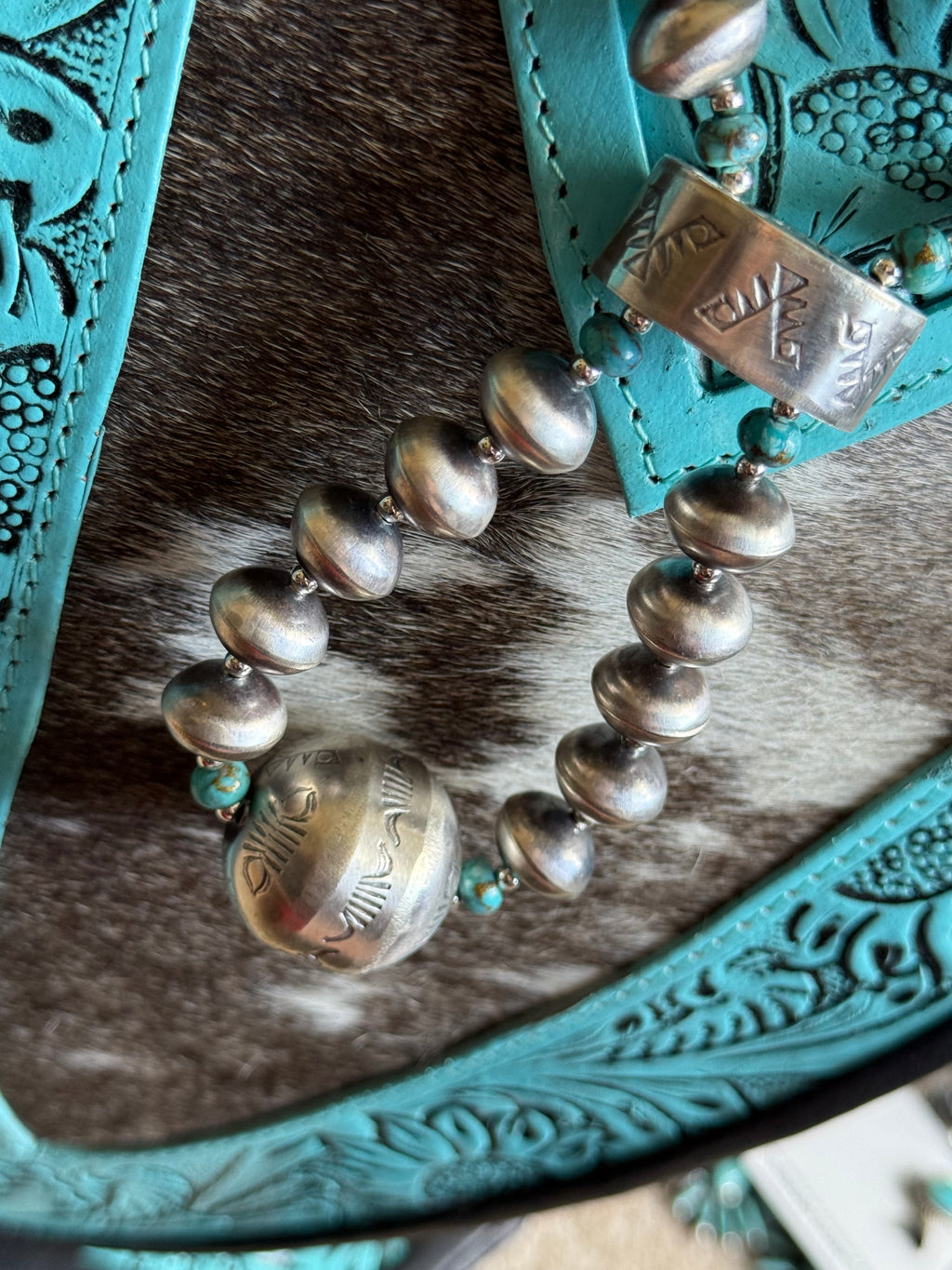 Navajo Pearl jacla with turquoise by Native American artist Sharon Cooley