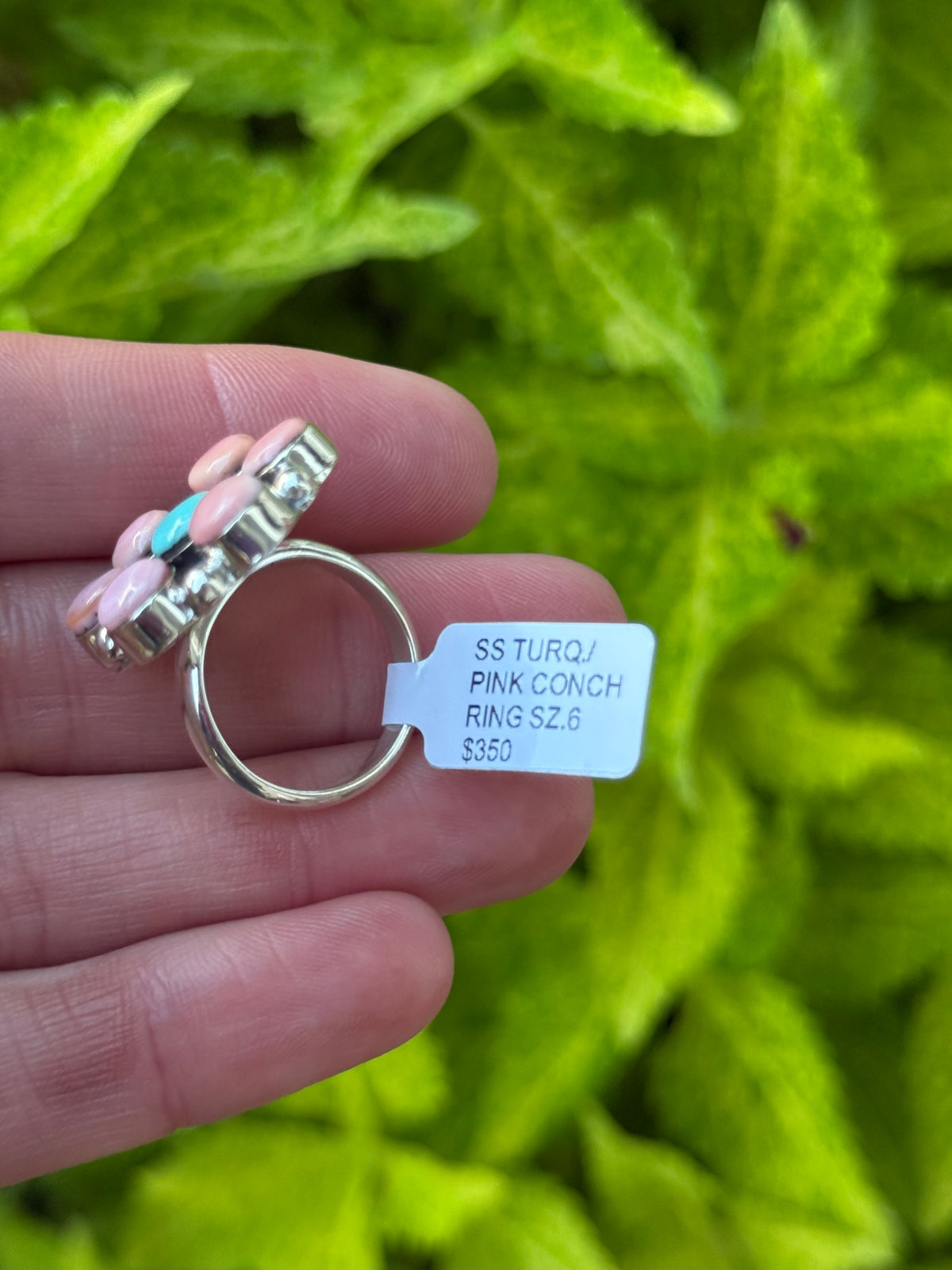 Navajo Charlene Yazzie pink conch and turquoise ring
