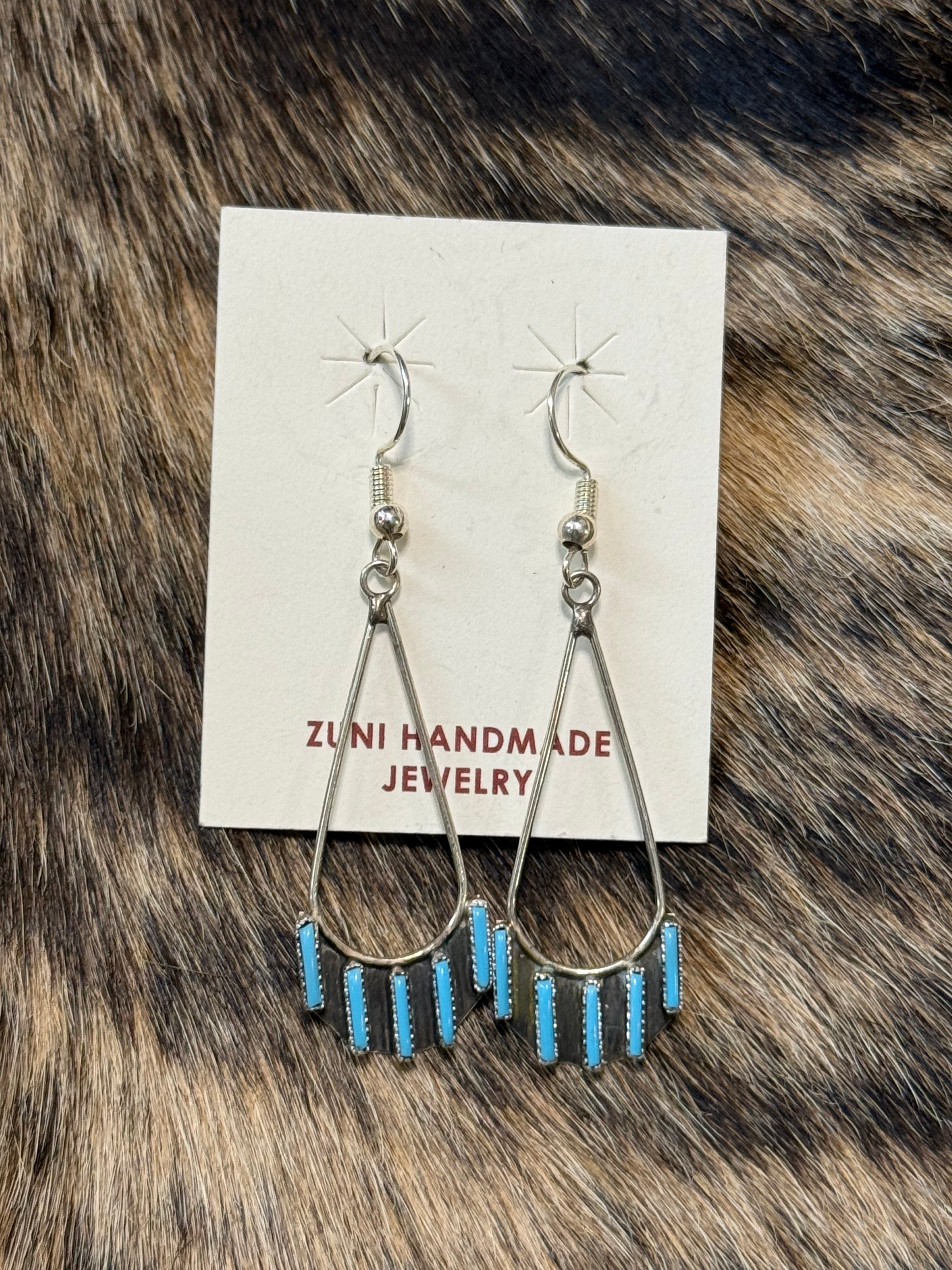 Zuni handmade turquoise and sterling silver dangle earrings