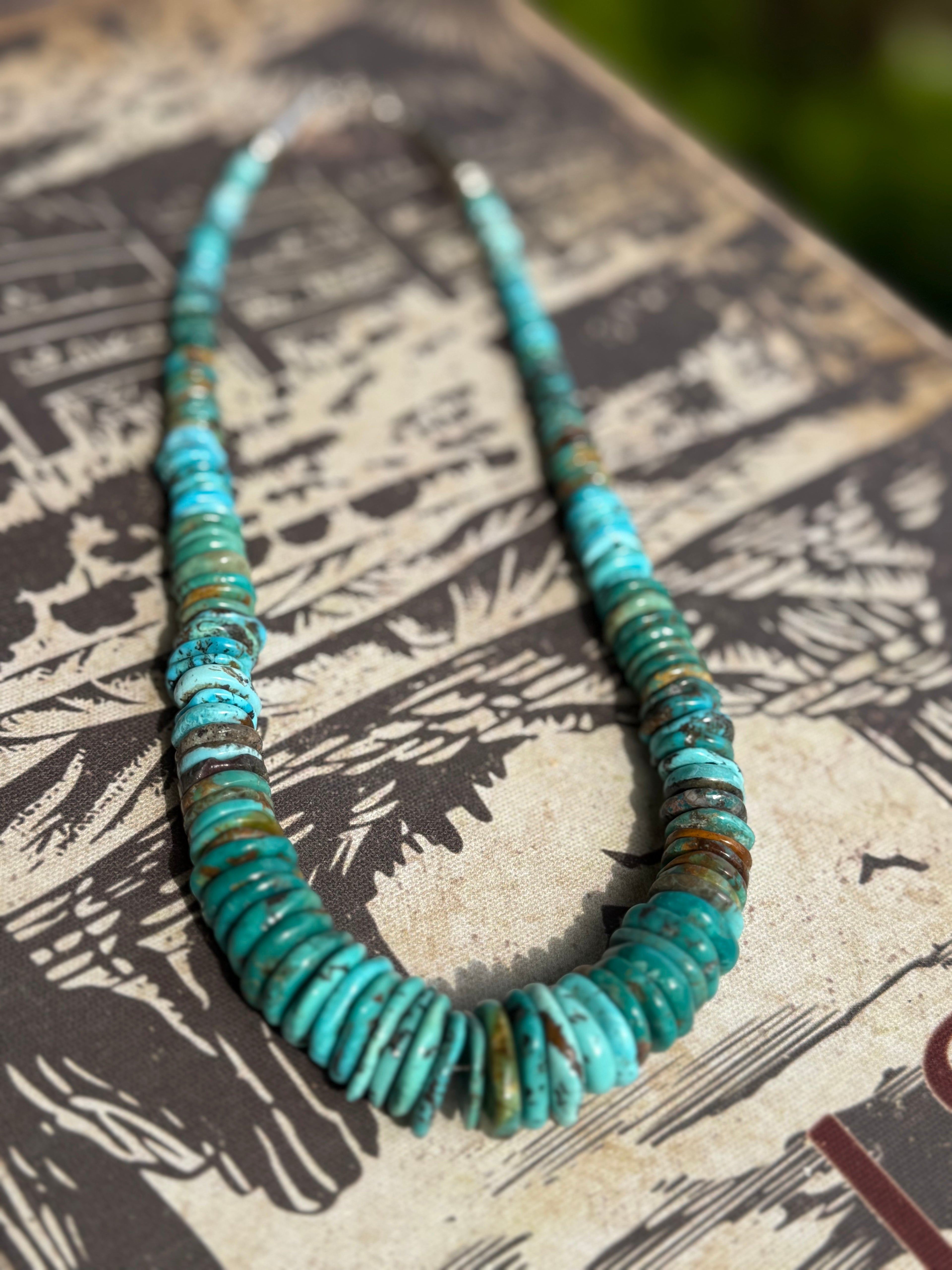Native American handmade 18” turquoise round flat necklace