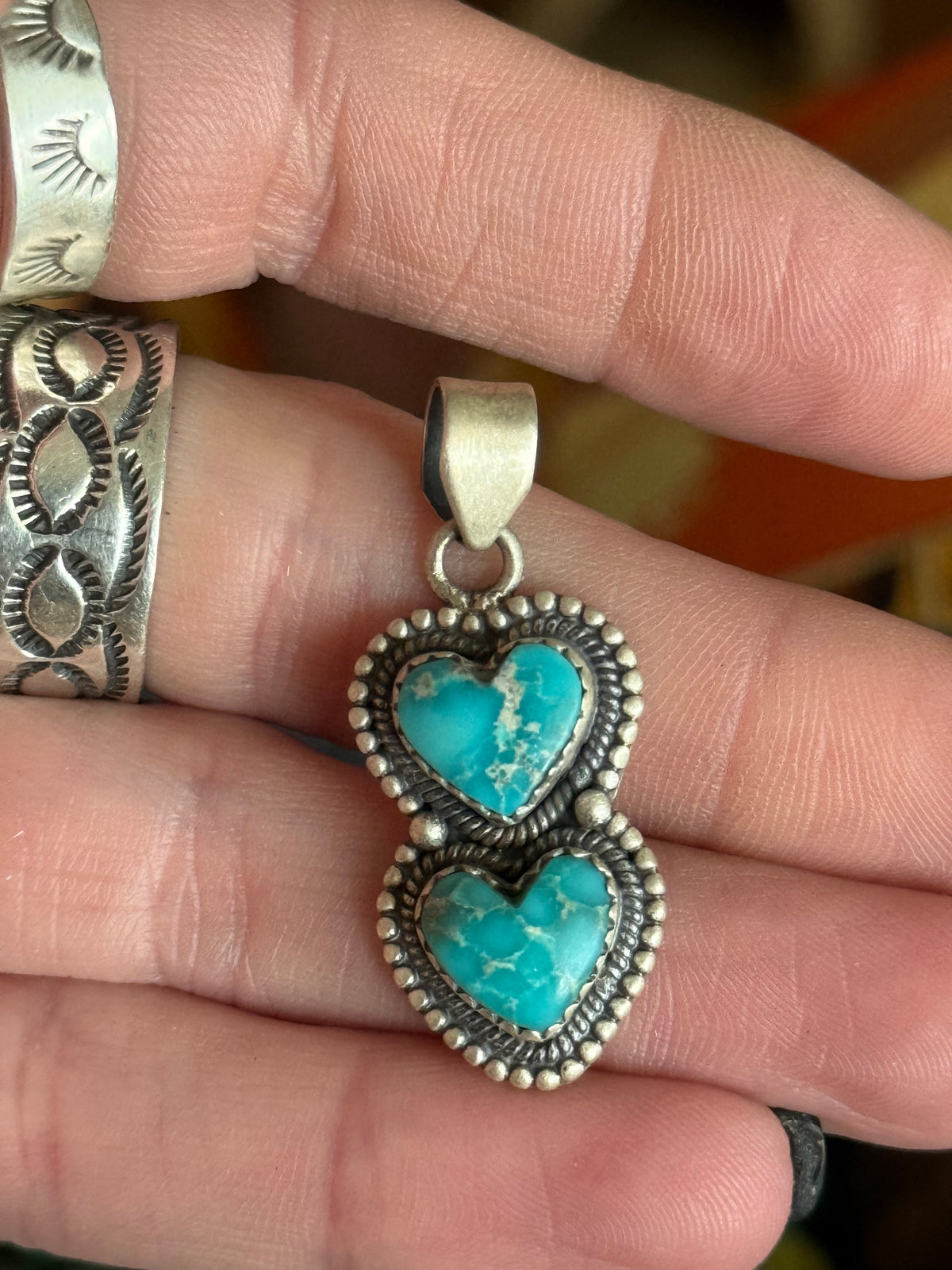 White water turquoise two heart pendant