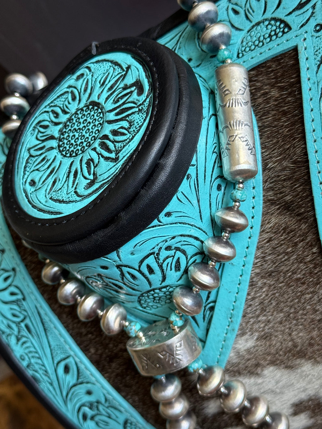 Navajo Pearl jacla with turquoise by Native American artist Sharon Cooley