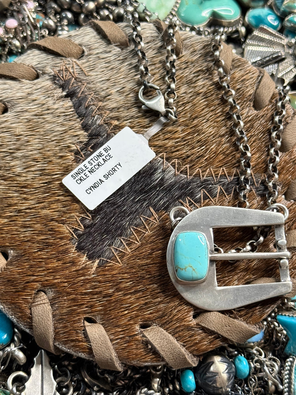 Native C. Shorty stamped turquoise buckle necklace