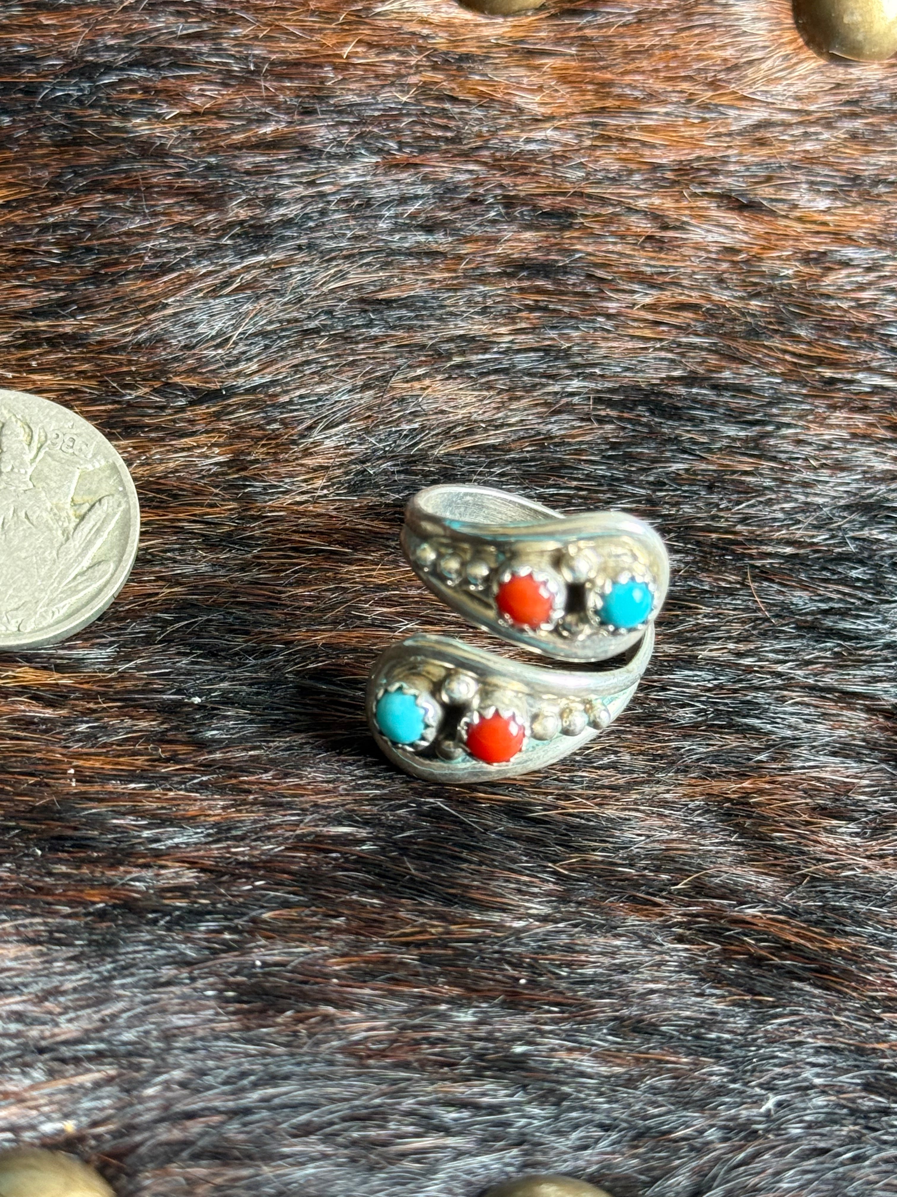 Native Turquoise and coral bypass ring