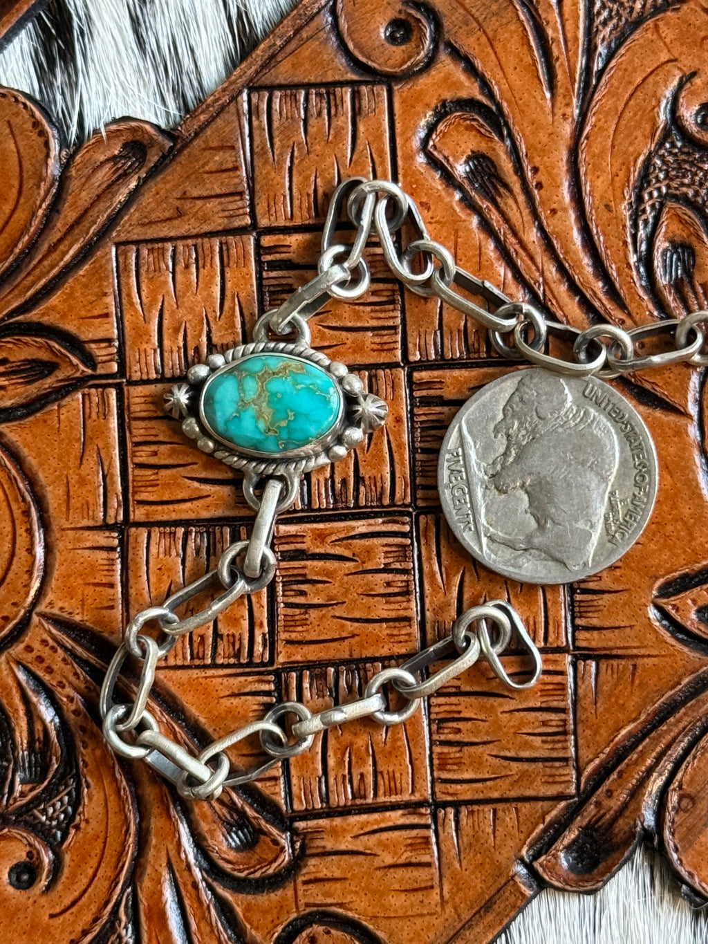 Pilot mountain turquoise bracelet with thick paperclip chain
