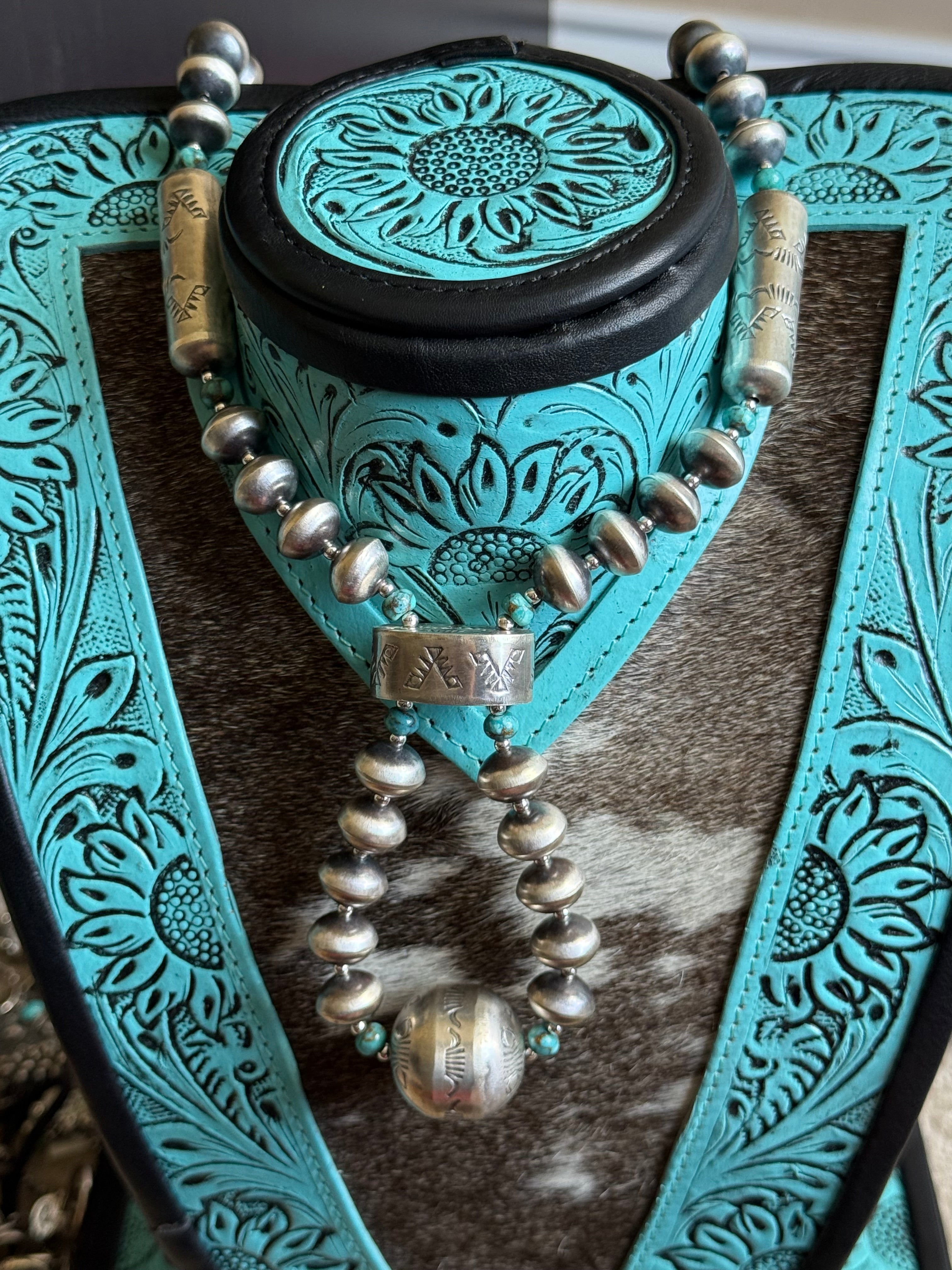 Navajo Pearl jacla with turquoise by Native American artist Sharon Cooley