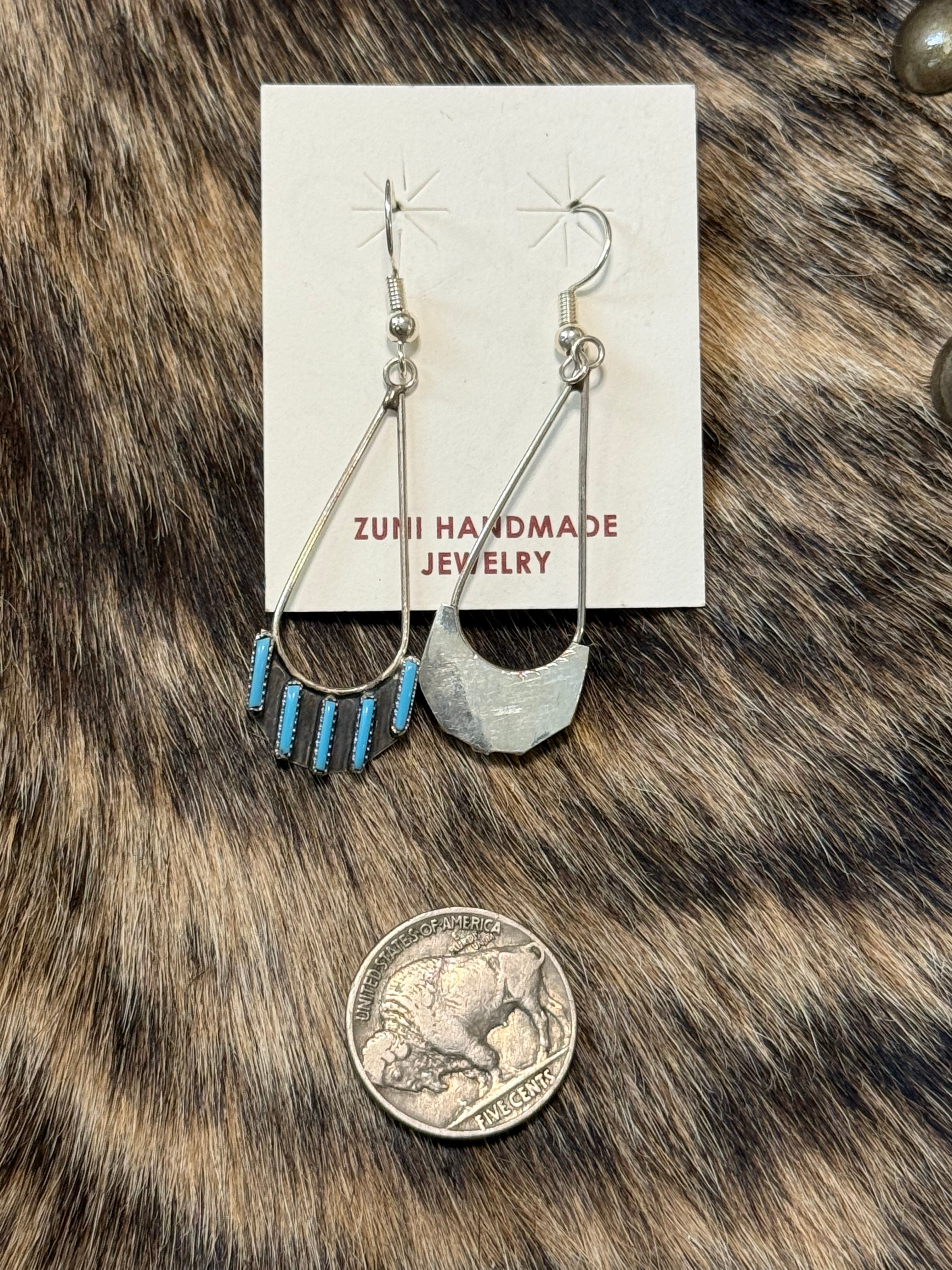 Zuni handmade turquoise and sterling silver dangle earrings
