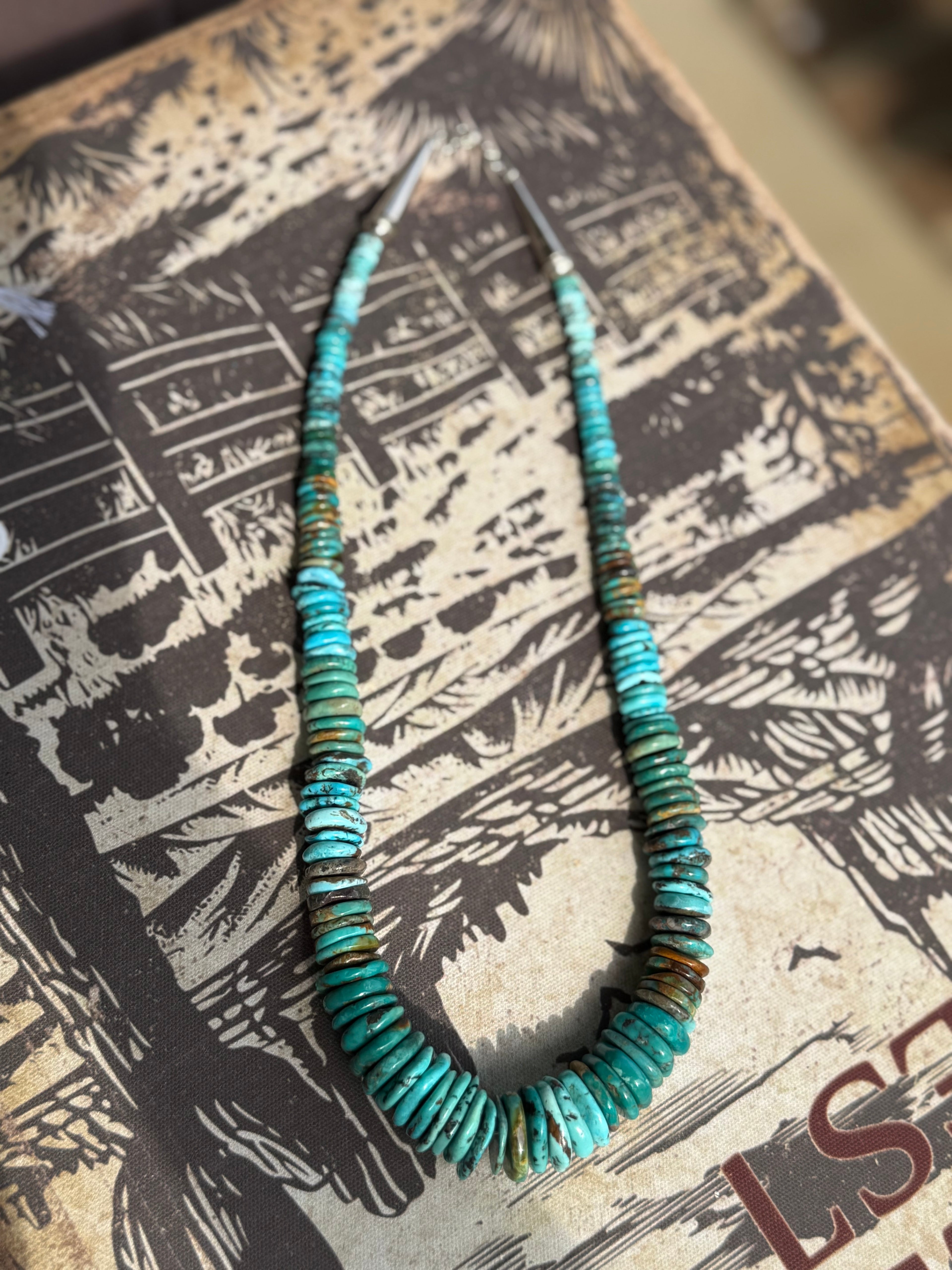 Native American handmade 18” turquoise round flat necklace