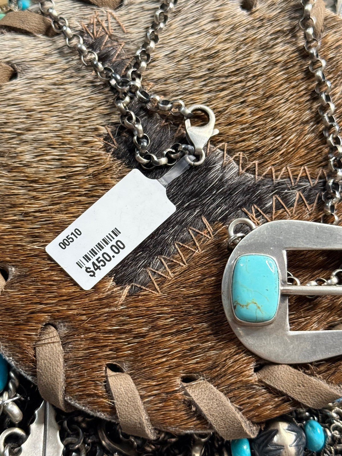 Native C. Shorty stamped turquoise buckle necklace
