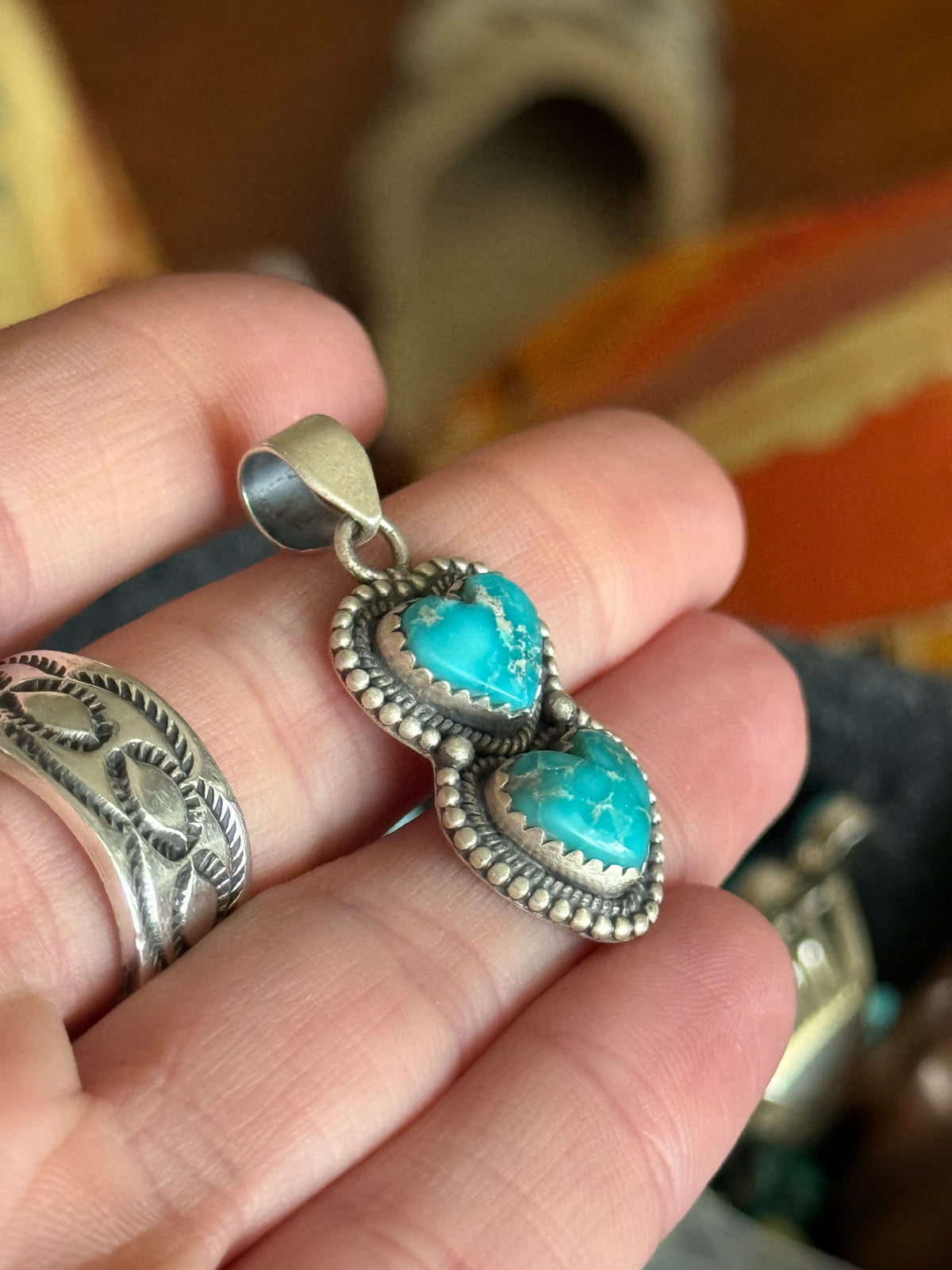 White water turquoise two heart pendant