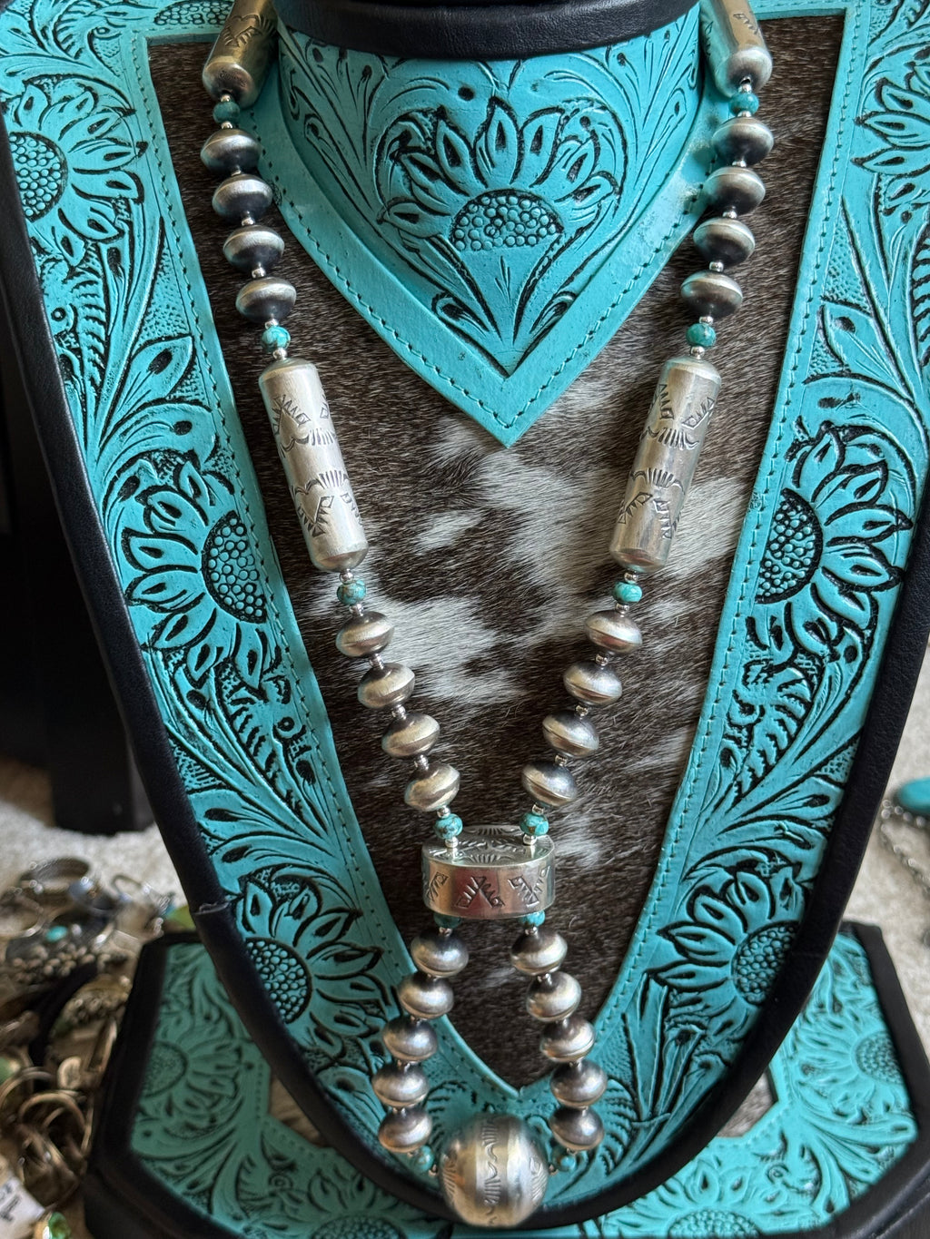 Navajo Pearl jacla with turquoise by Native American artist Sharon Cooley