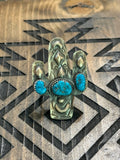 Navajo Tim Yazzie 3 stone turquoise cactus ring