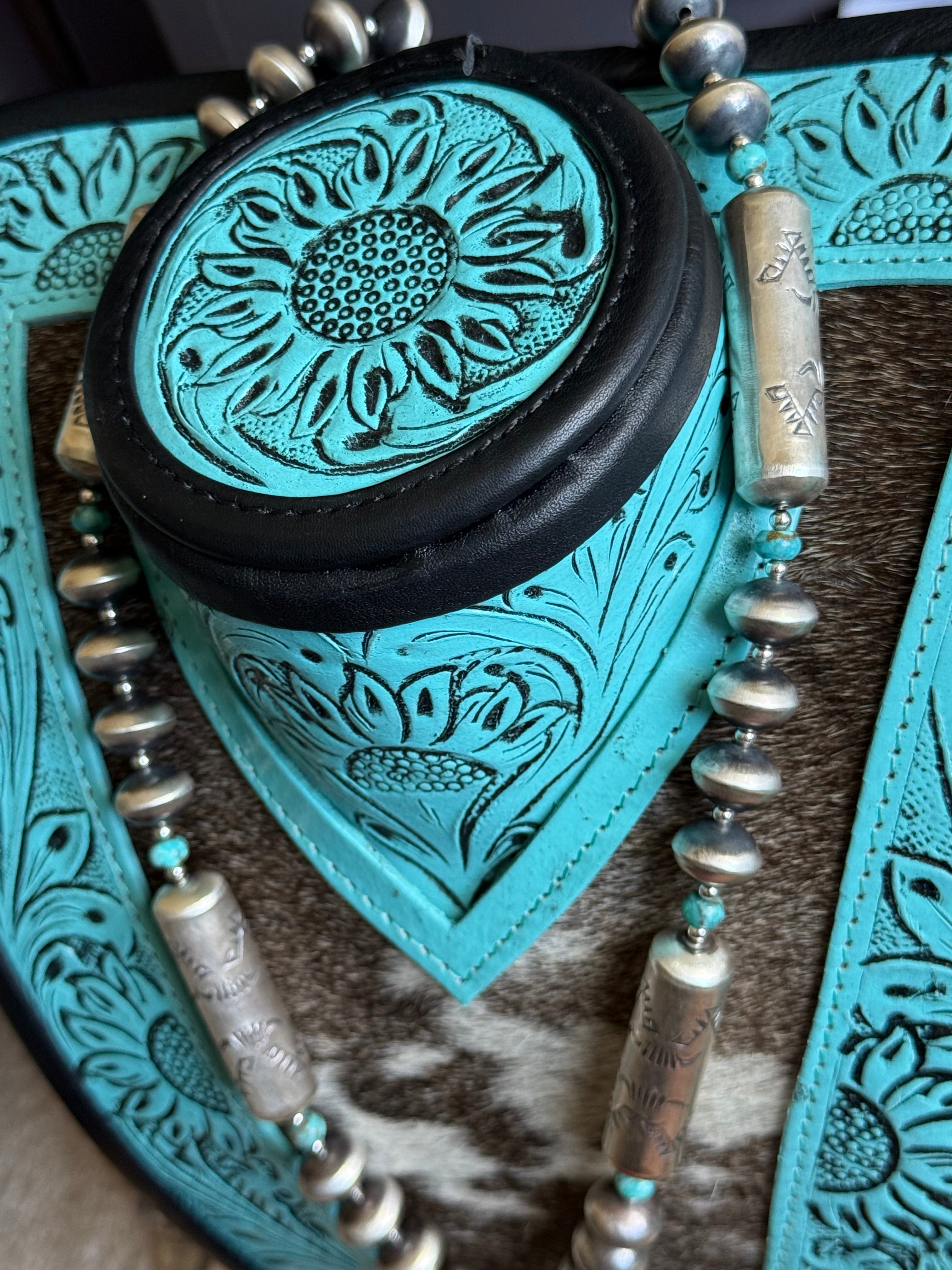 Navajo Pearl jacla with turquoise by Native American artist Sharon Cooley