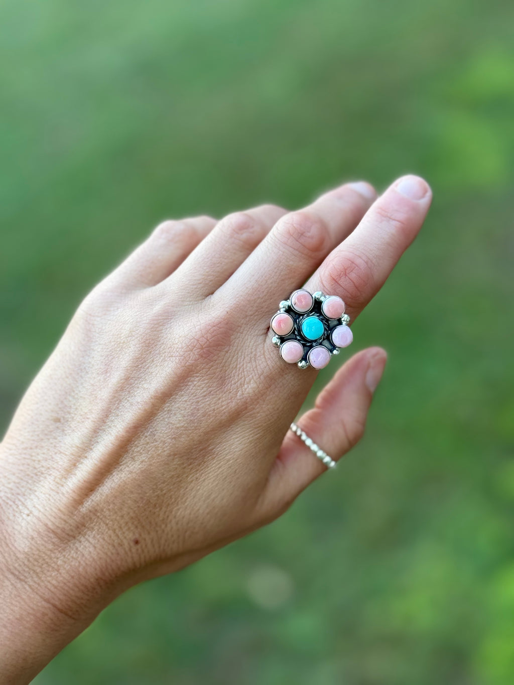 Navajo Charlene Yazzie pink conch and turquoise ring