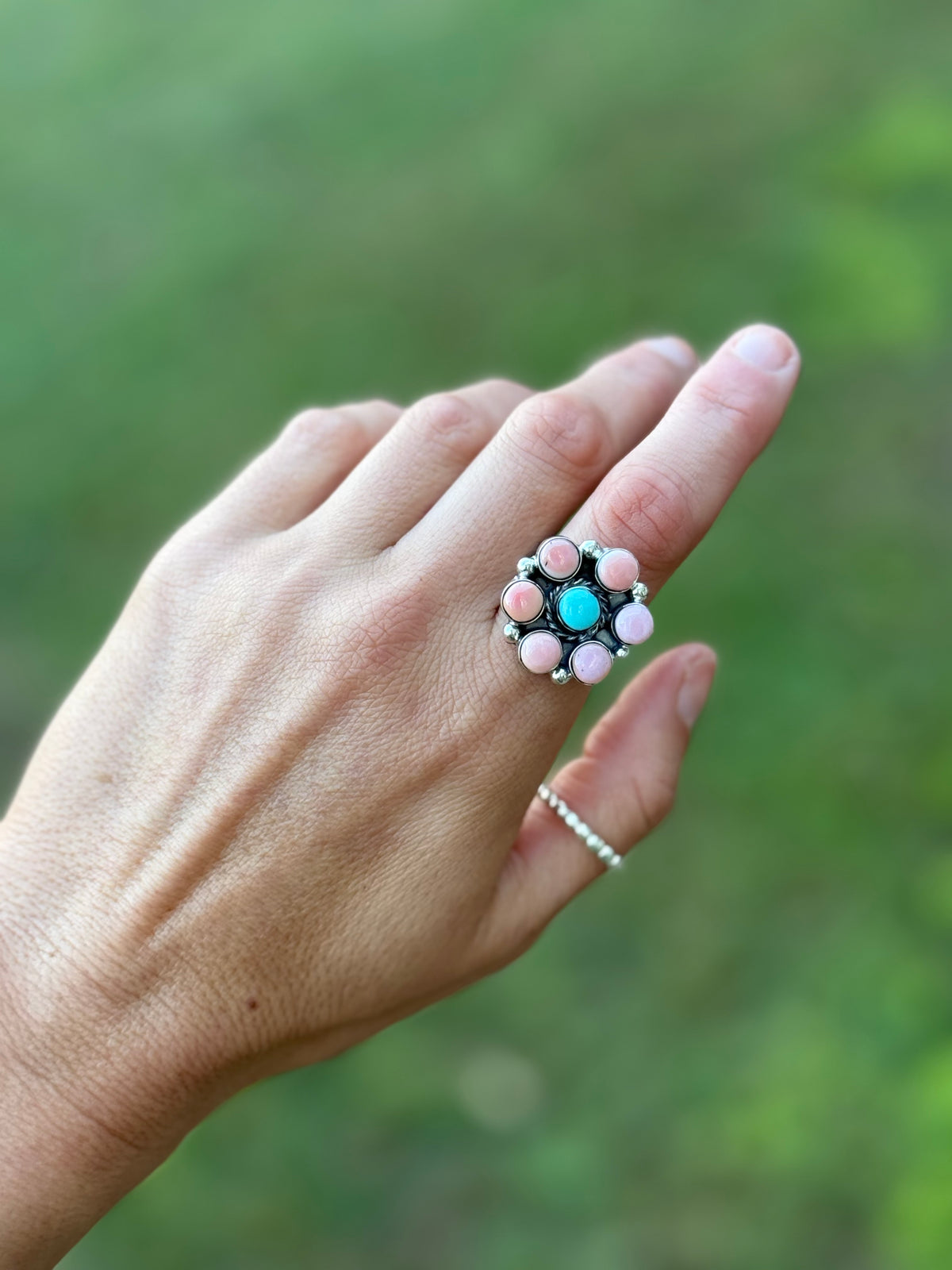 Navajo Charlene Yazzie pink conch and turquoise ring