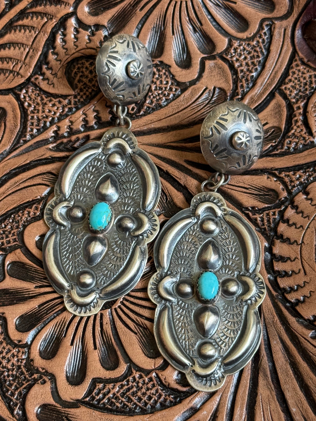 Yazzie stamped turquoise repousse earrings