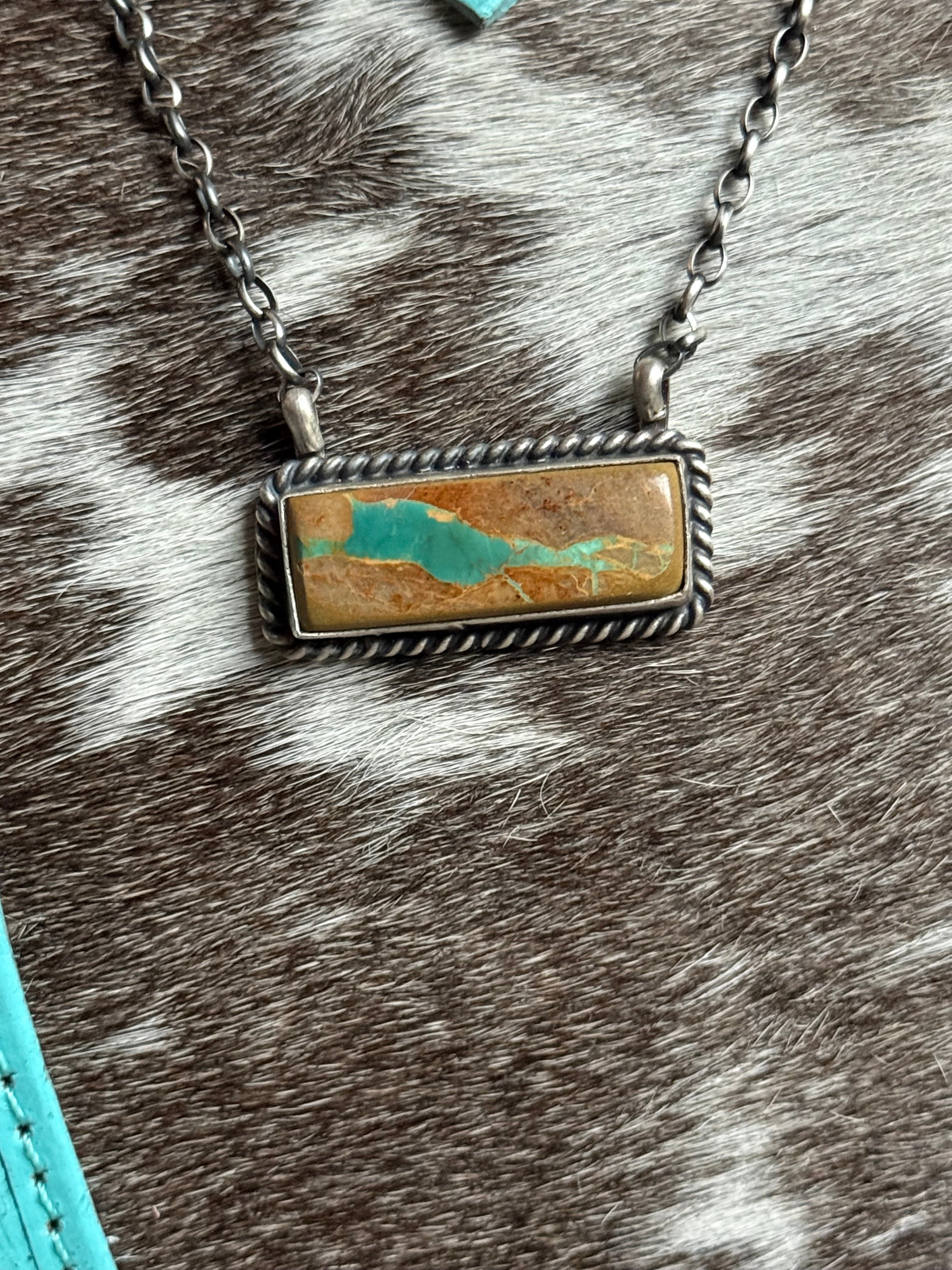 Native made royston ribbon turquoise large bar necklace