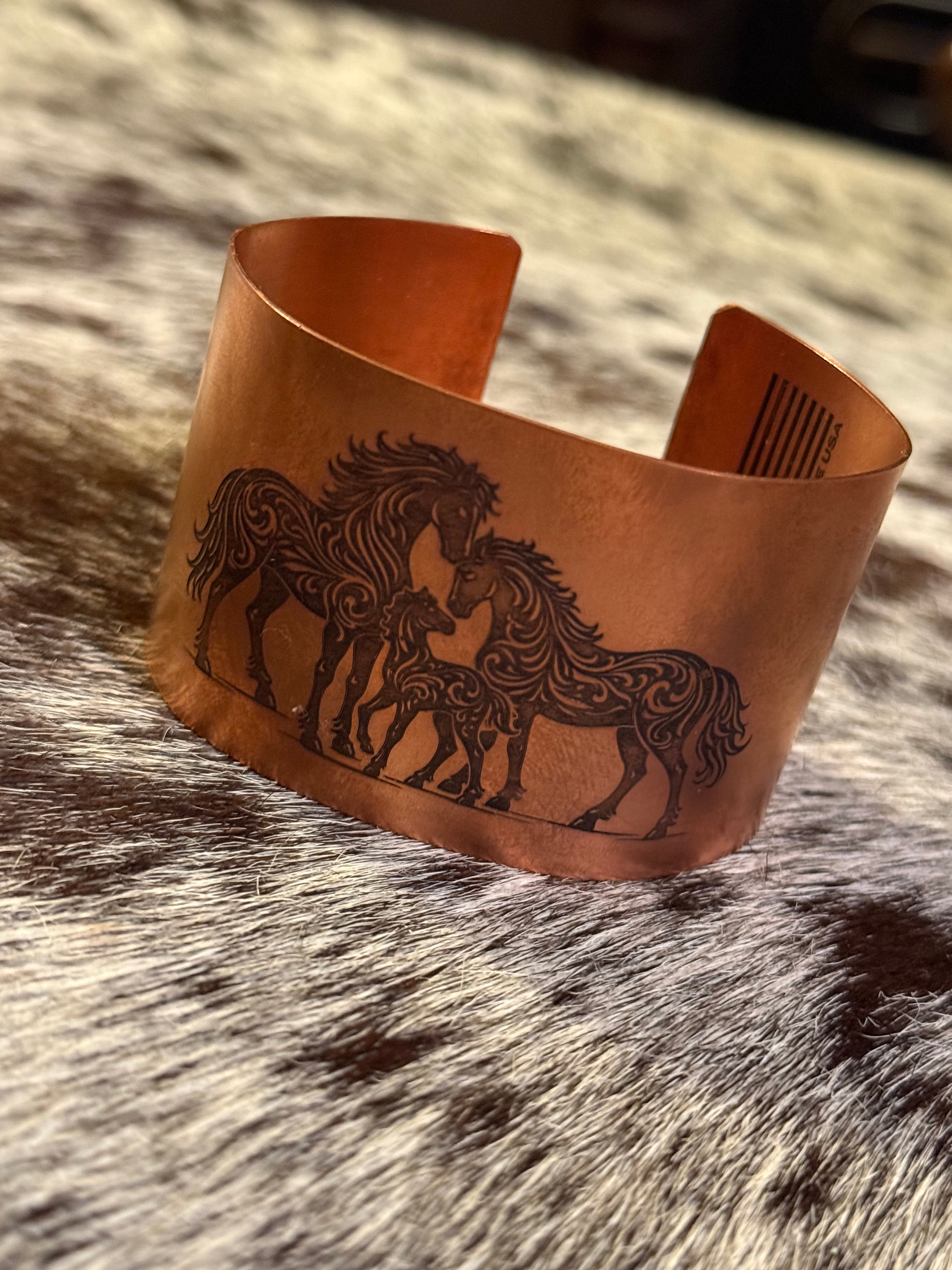 Copper horse etched cuff