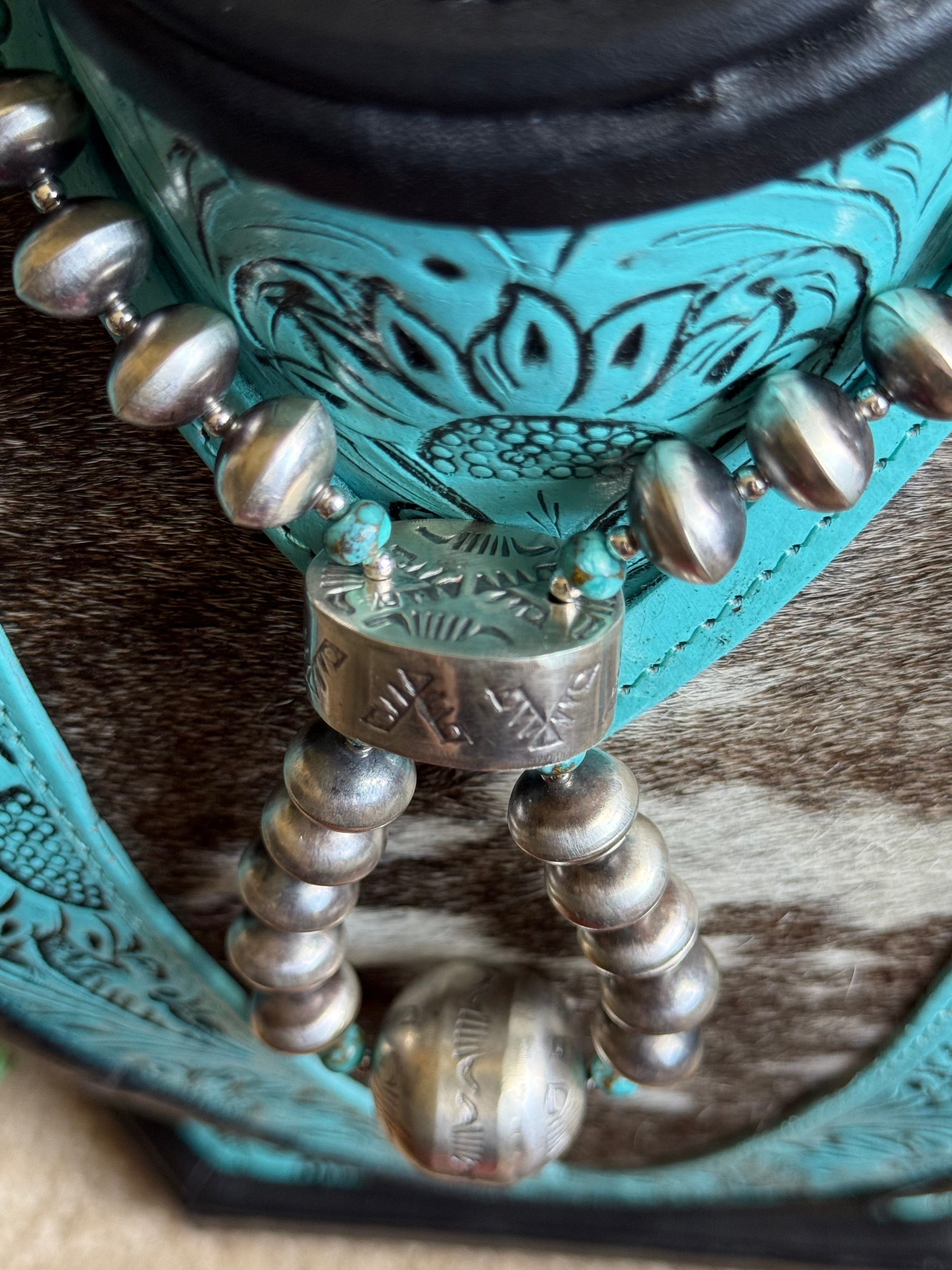 Navajo Pearl jacla with turquoise by Native American artist Sharon Cooley
