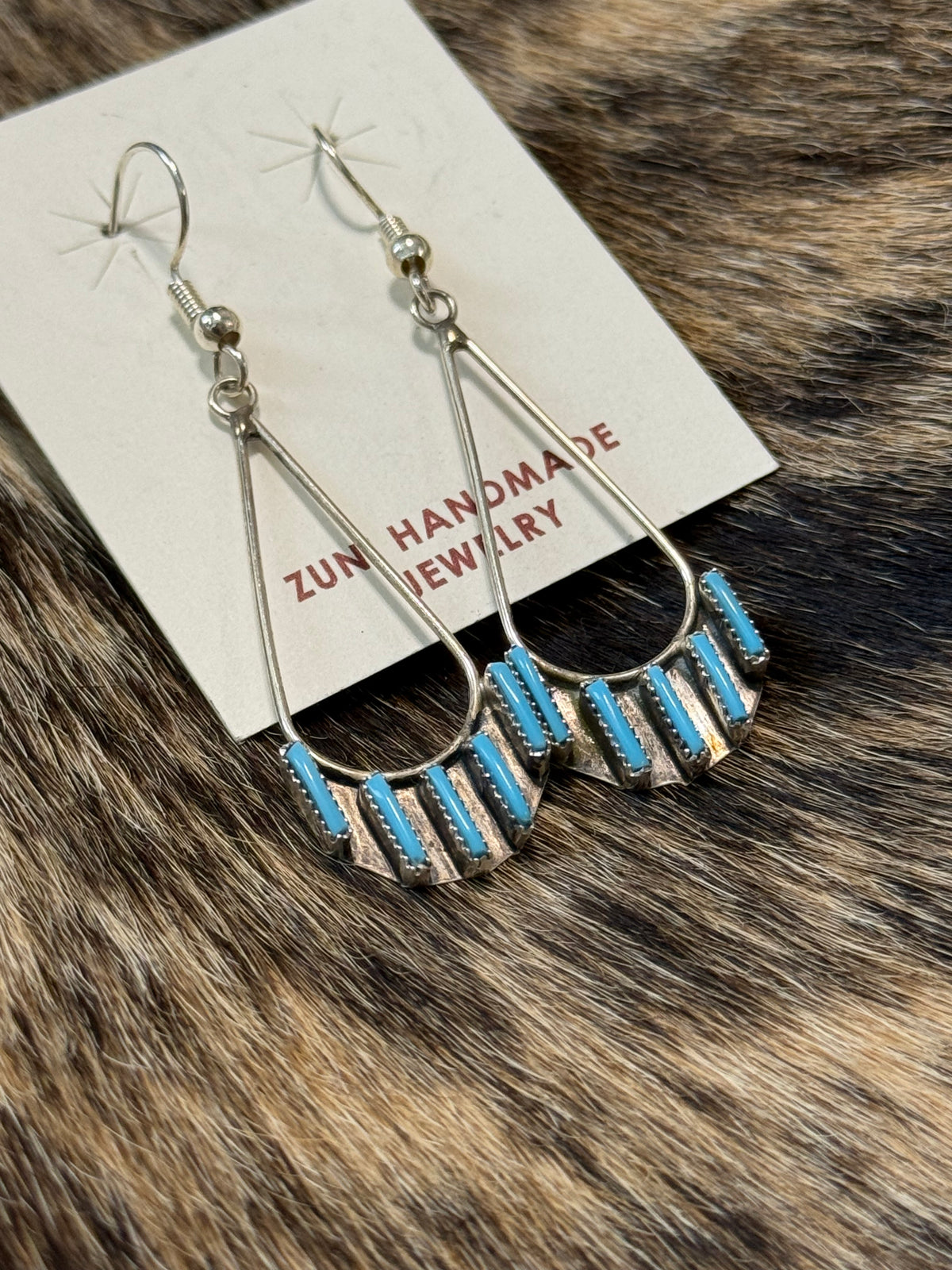Zuni handmade turquoise and sterling silver dangle earrings