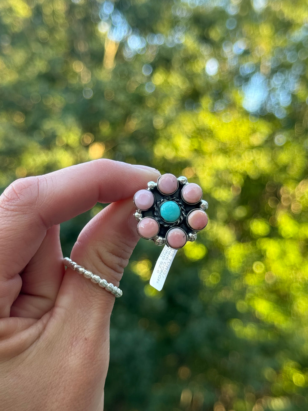 Navajo Charlene Yazzie pink conch and turquoise ring