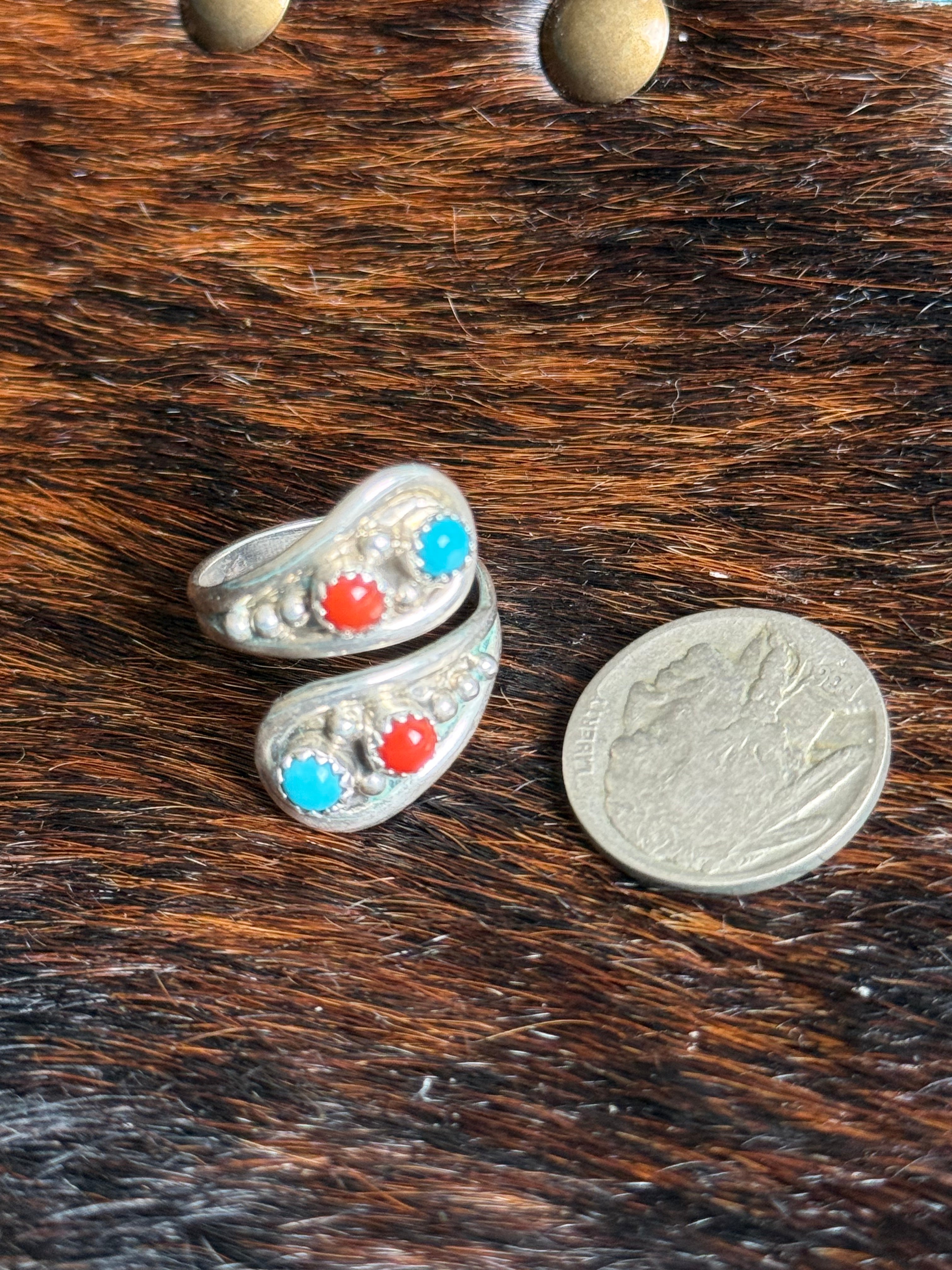Native Turquoise and coral bypass ring