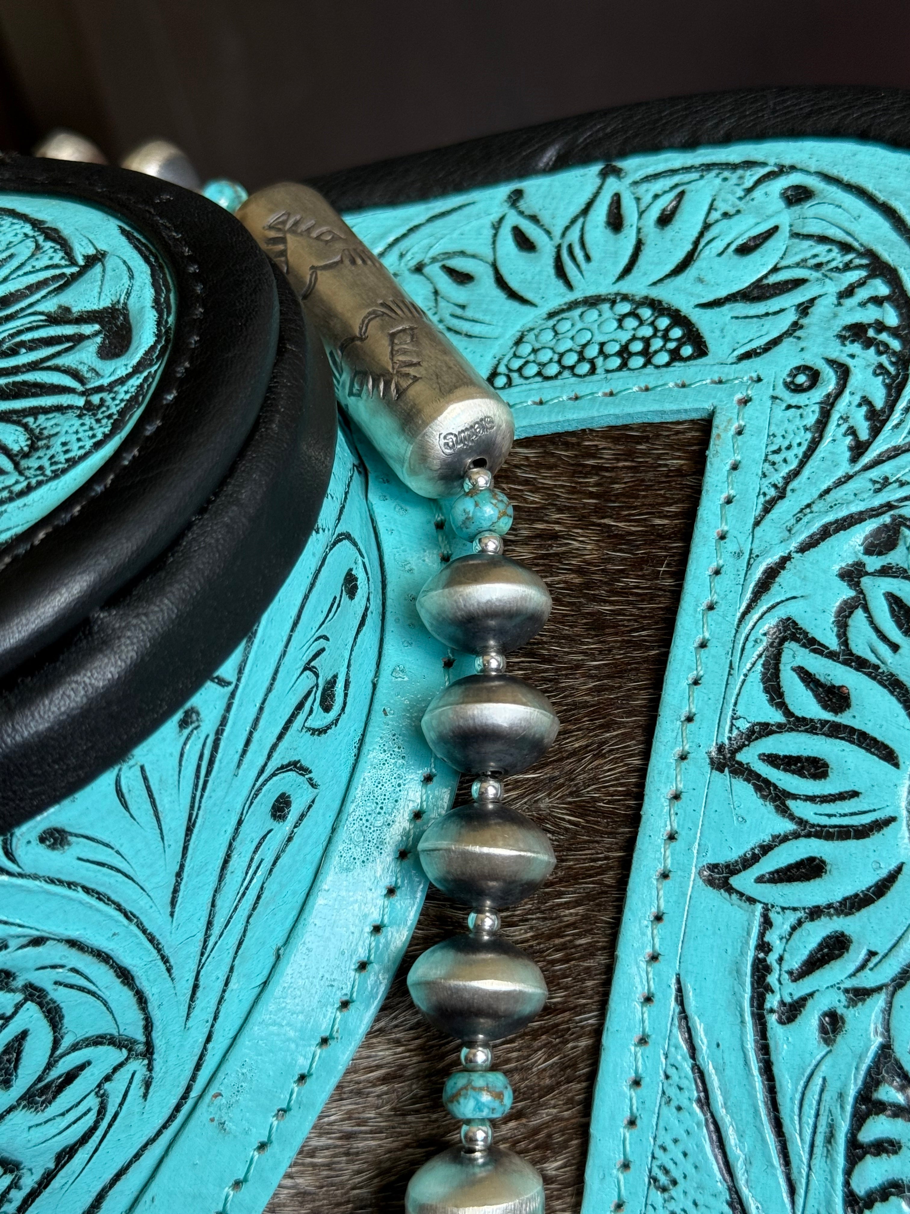 Navajo Pearl jacla with turquoise by Native American artist Sharon Cooley
