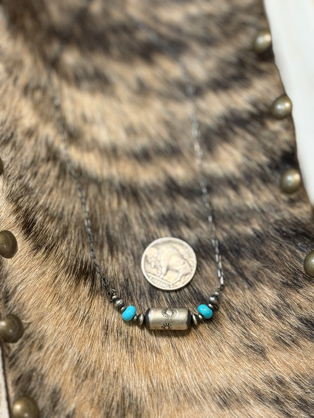 Stamped barrel bead & turquoise necklace