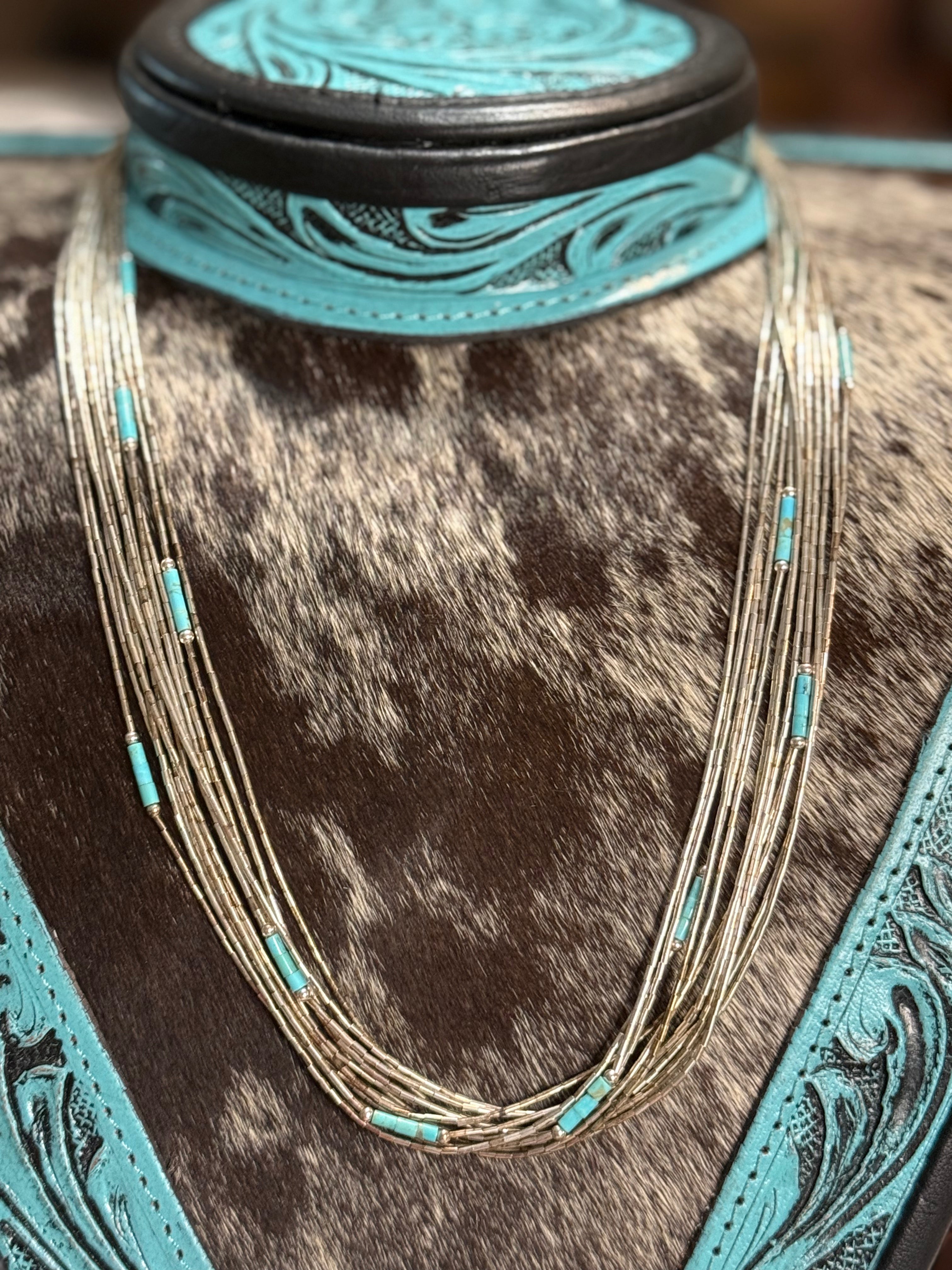 Vintage 12 strand liquid silver and turquoise necklace