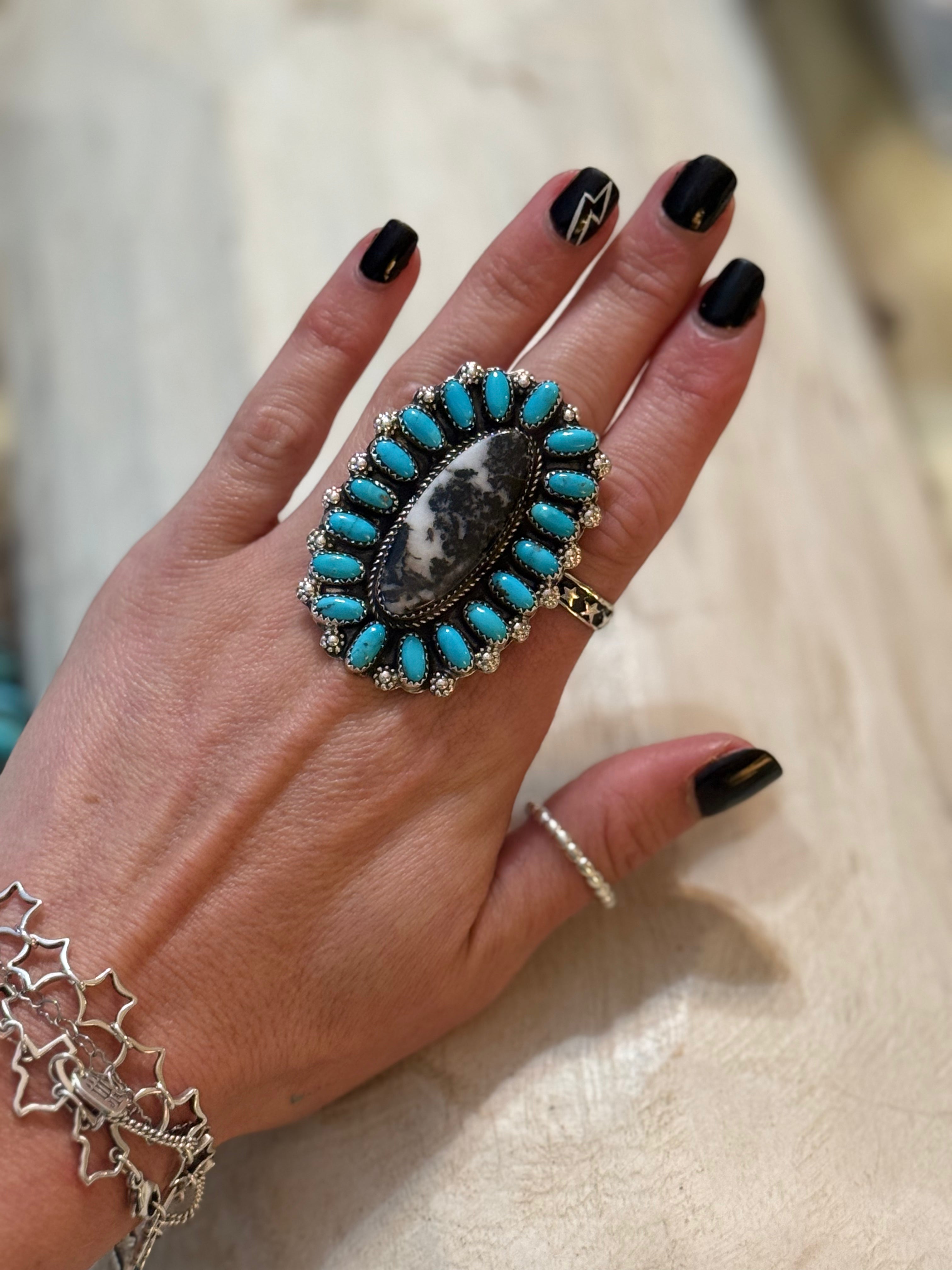Native Davina Begay turquoise and white buffalo adjustable ring