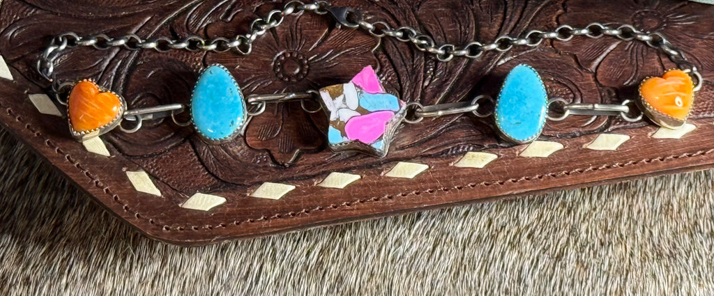 Navajo handmade Turquoise, orange spiny, cotton candy star choker necklace