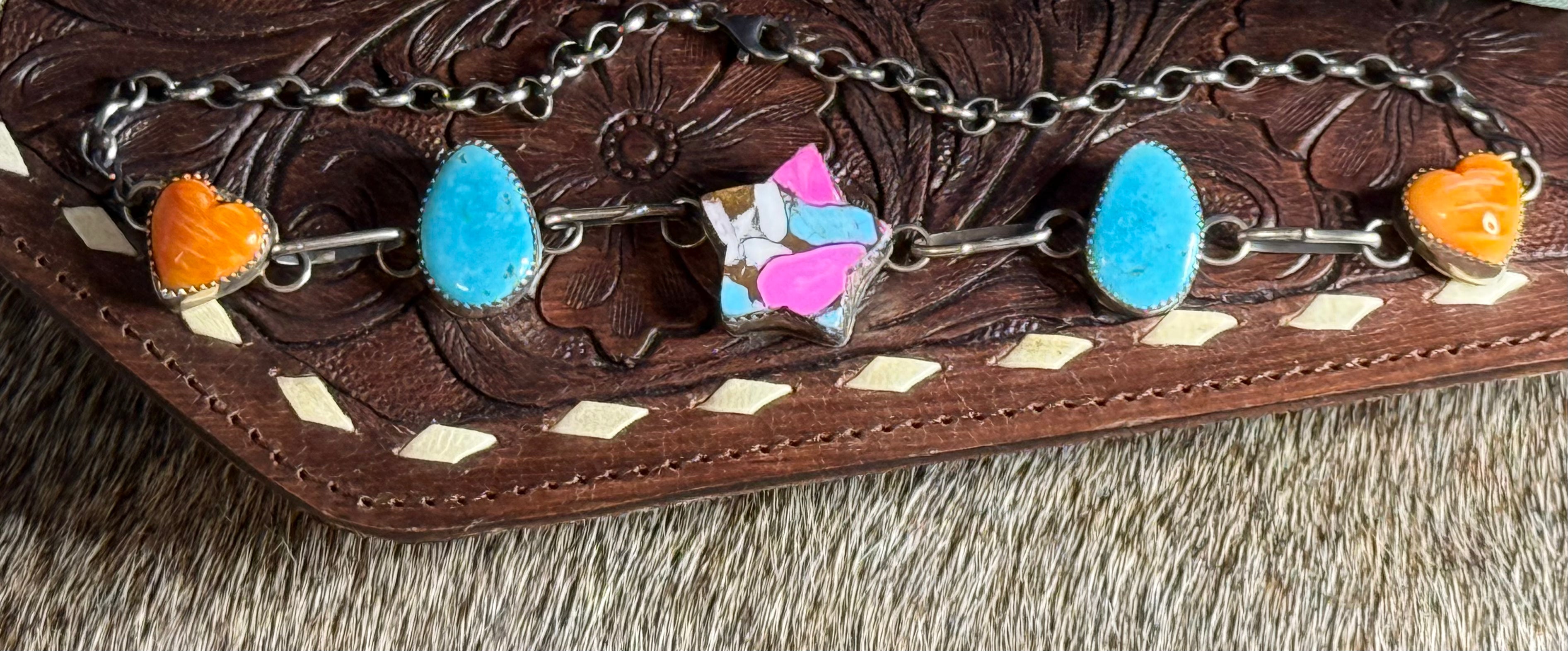 Navajo handmade Turquoise, orange spiny, cotton candy star choker necklace