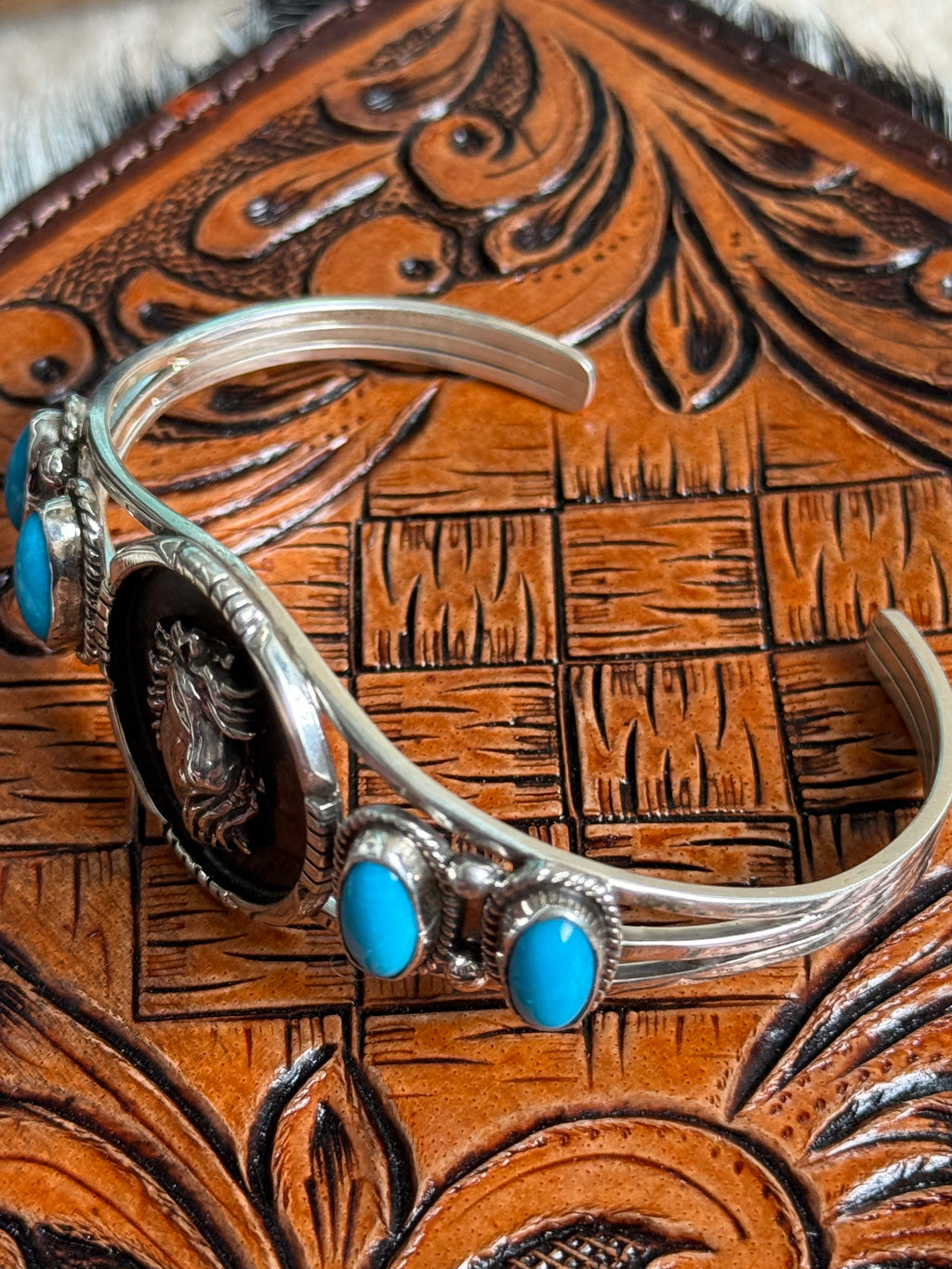 Shadow box horse & turquoise cuff