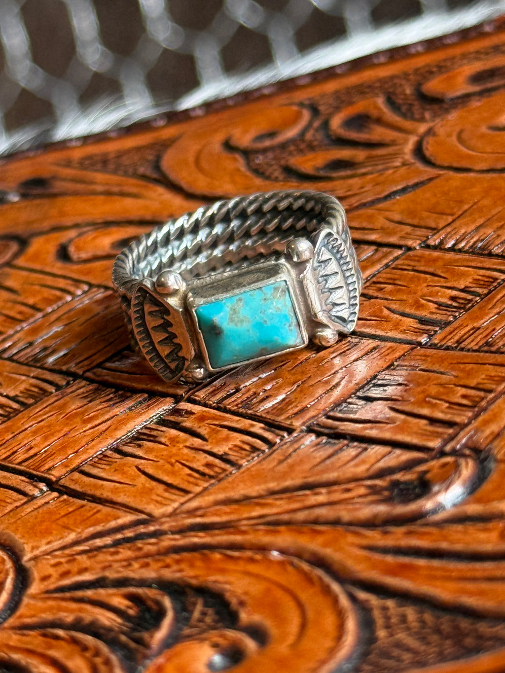 Native made thick band turquoise ring
