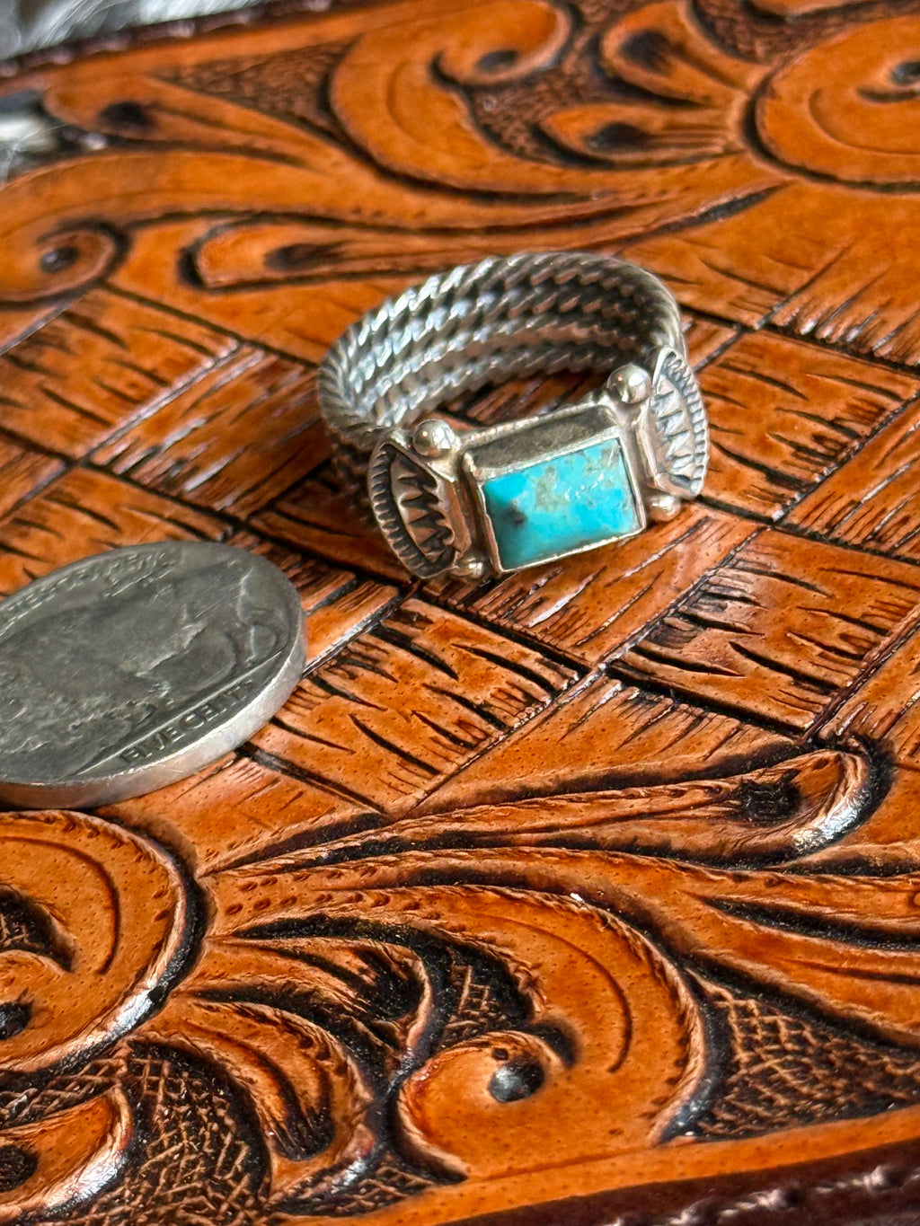 Native made thick band turquoise ring