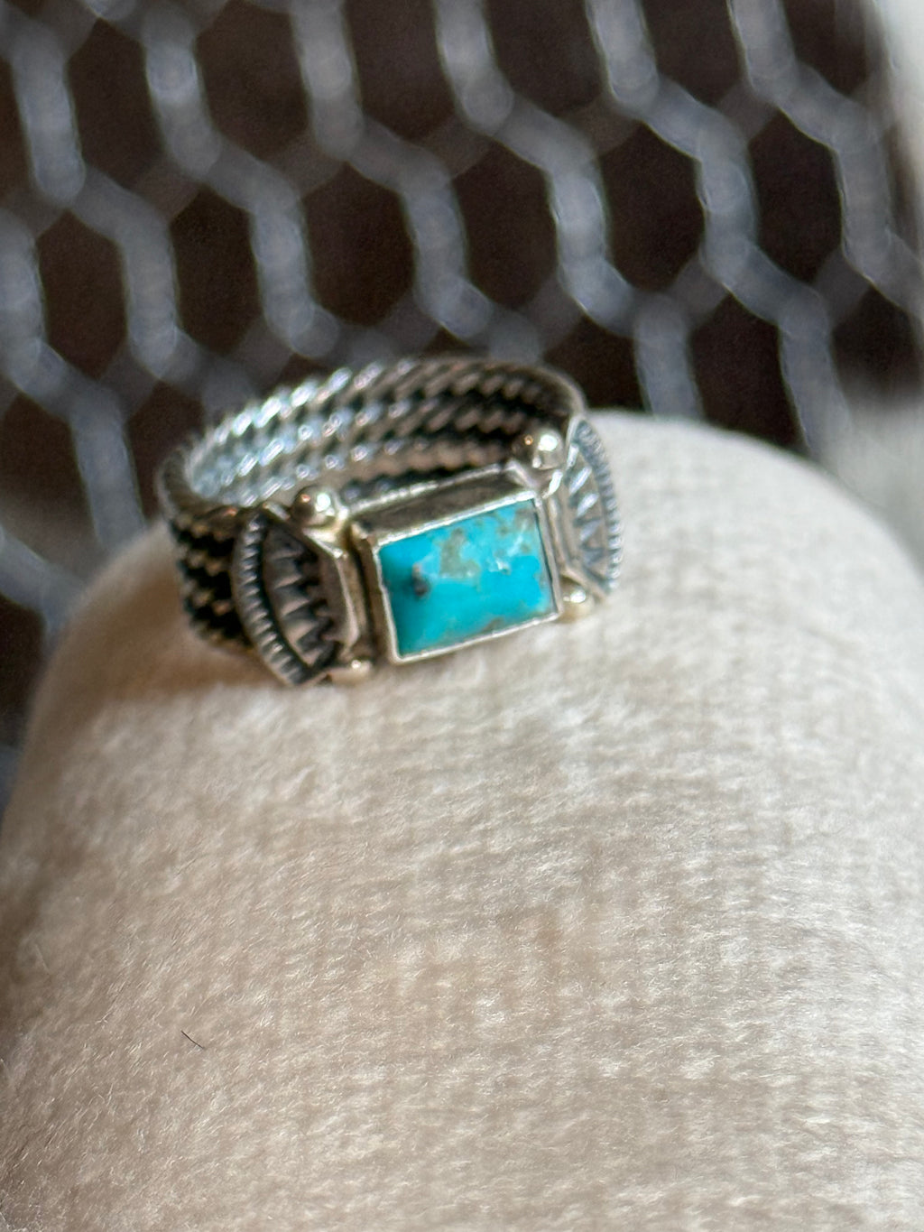 Native made thick band turquoise ring