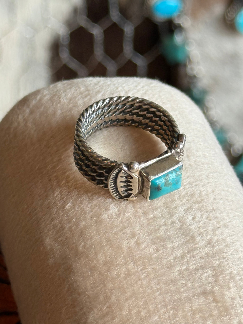 Native made thick band turquoise ring