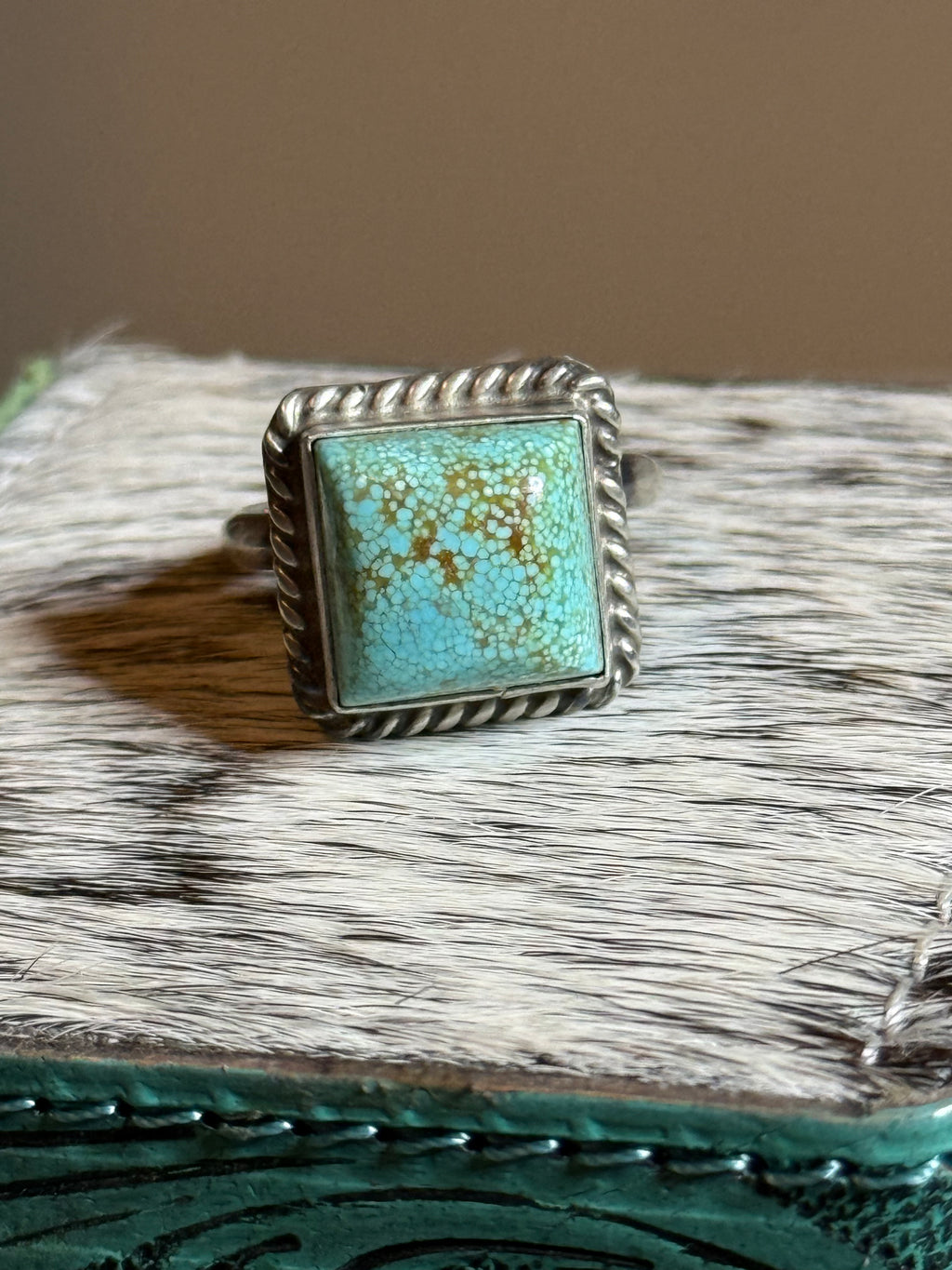 Navajo Johnny Dixon chunky square turquoise ring