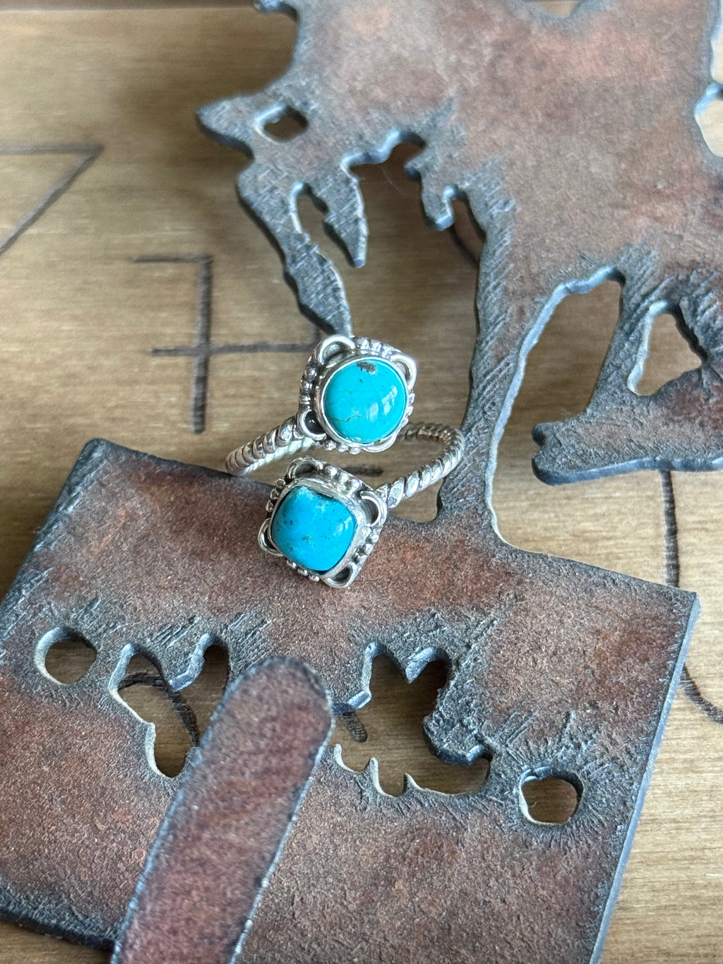 Turquoise 2 stone bypass ring