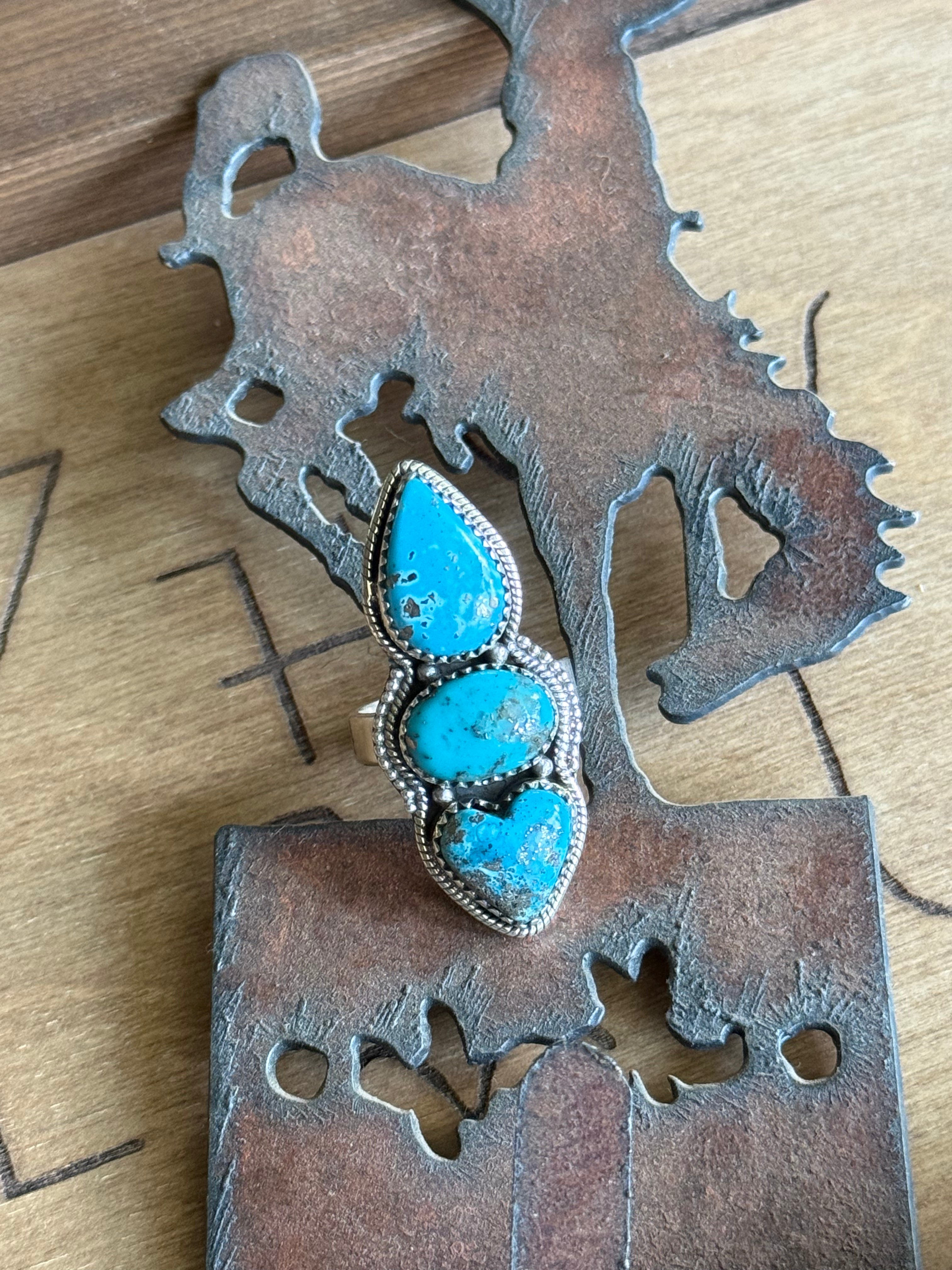 3 stone turquoise heart adjustable ring