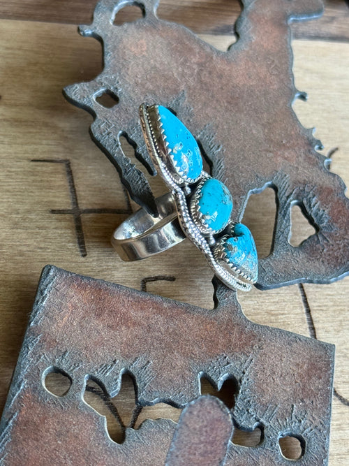 3 stone turquoise heart adjustable ring