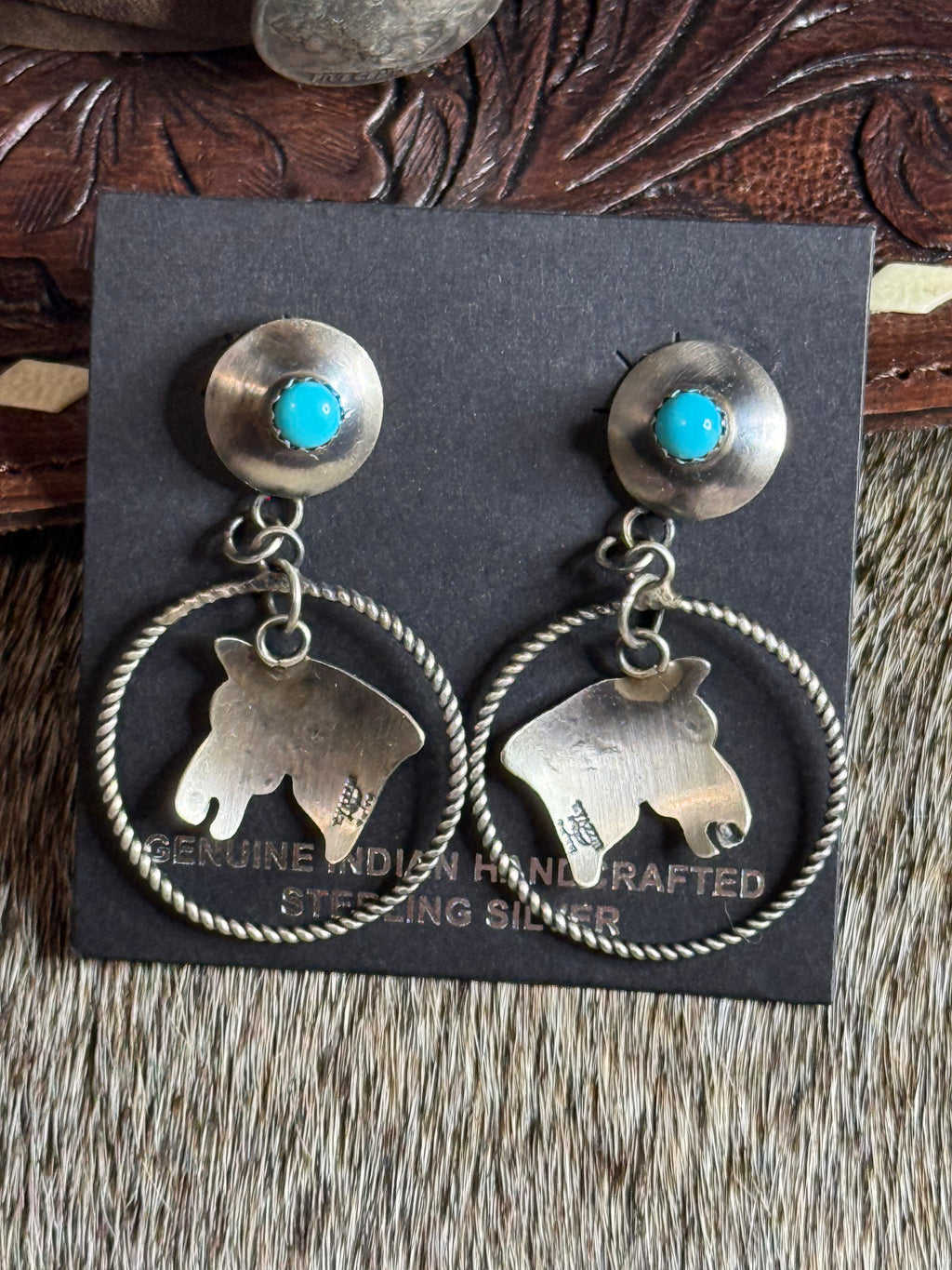 Tim Yazzie horse & turquoise earrings