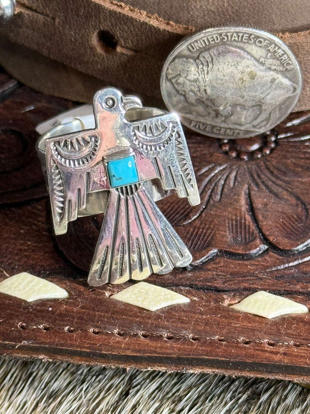 Native made Thunderbird turquoise ring