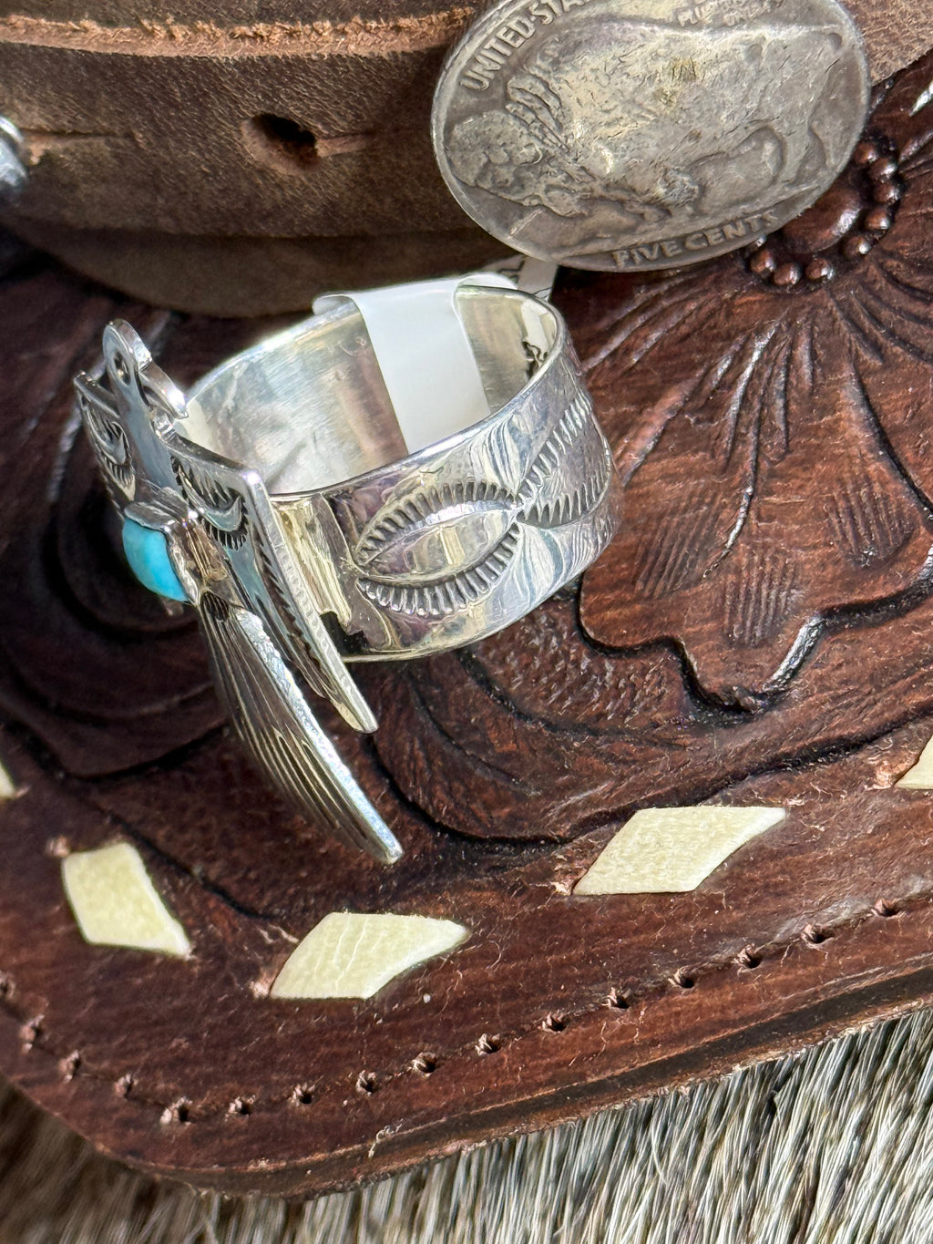 Native made Thunderbird turquoise ring