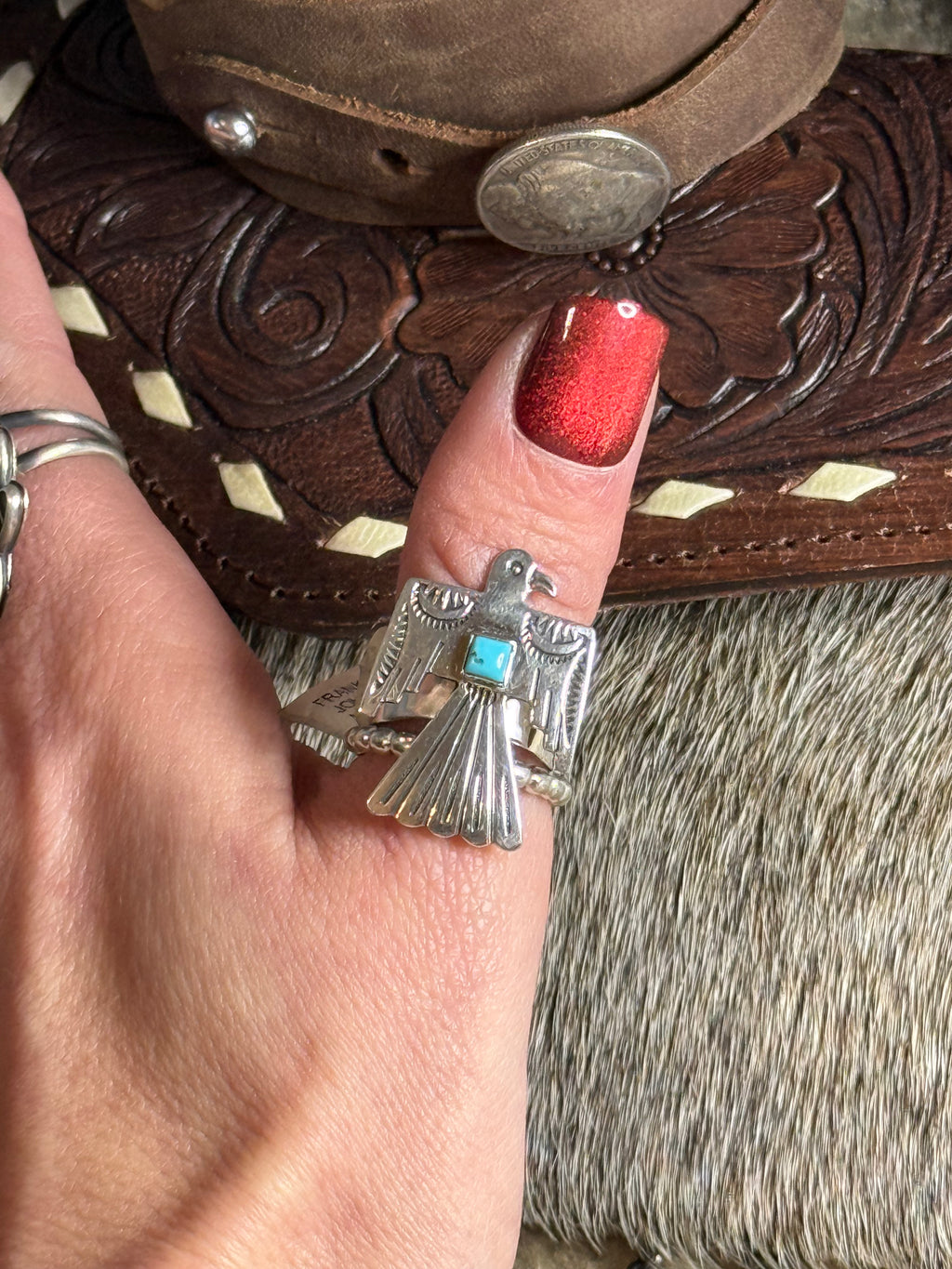 Native made Thunderbird turquoise ring